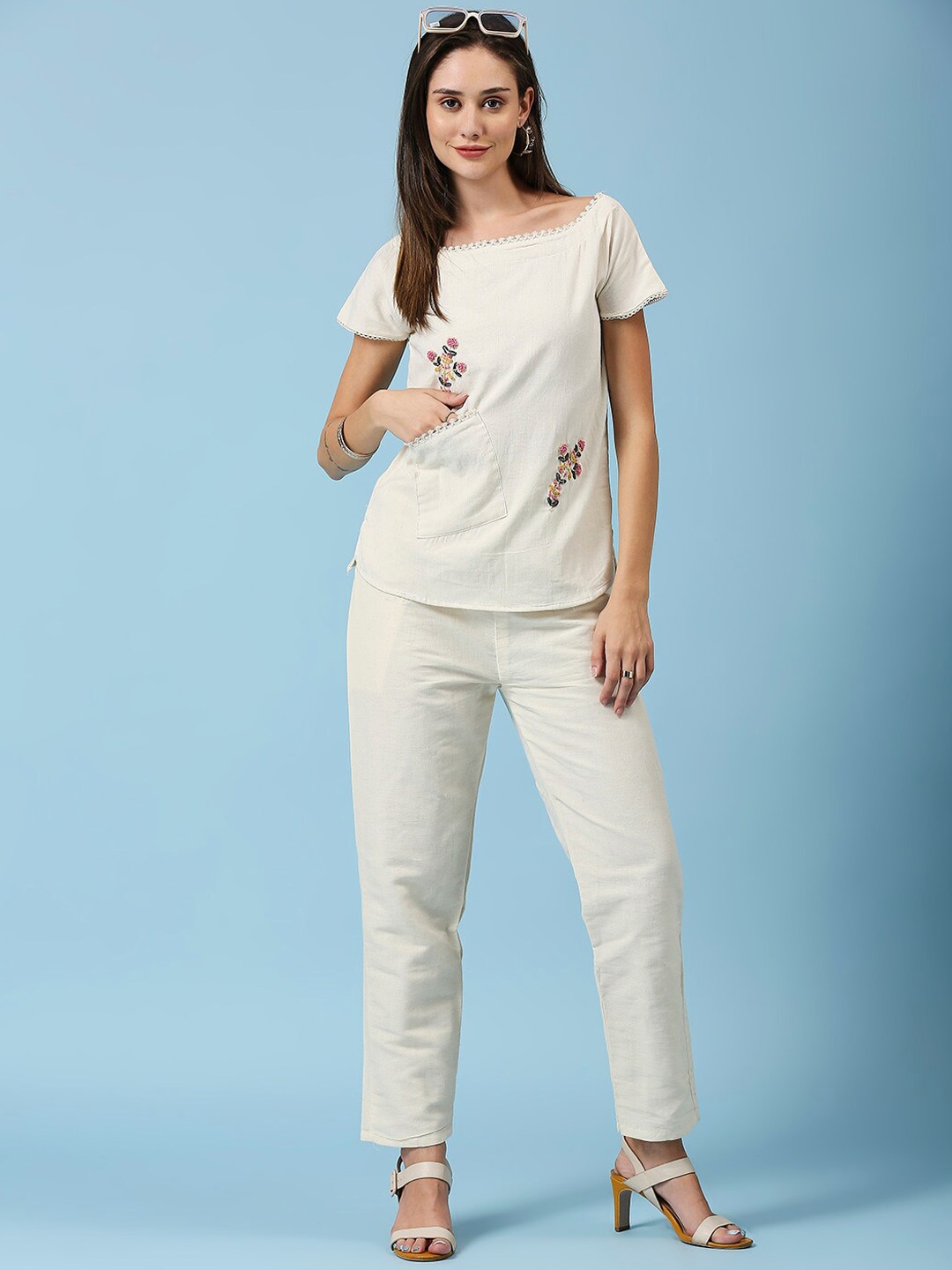 

GUFRINA Embroidered Cold Shoulder Pocket Detailing Pure Cotton Straight Top With Trousers, Cream