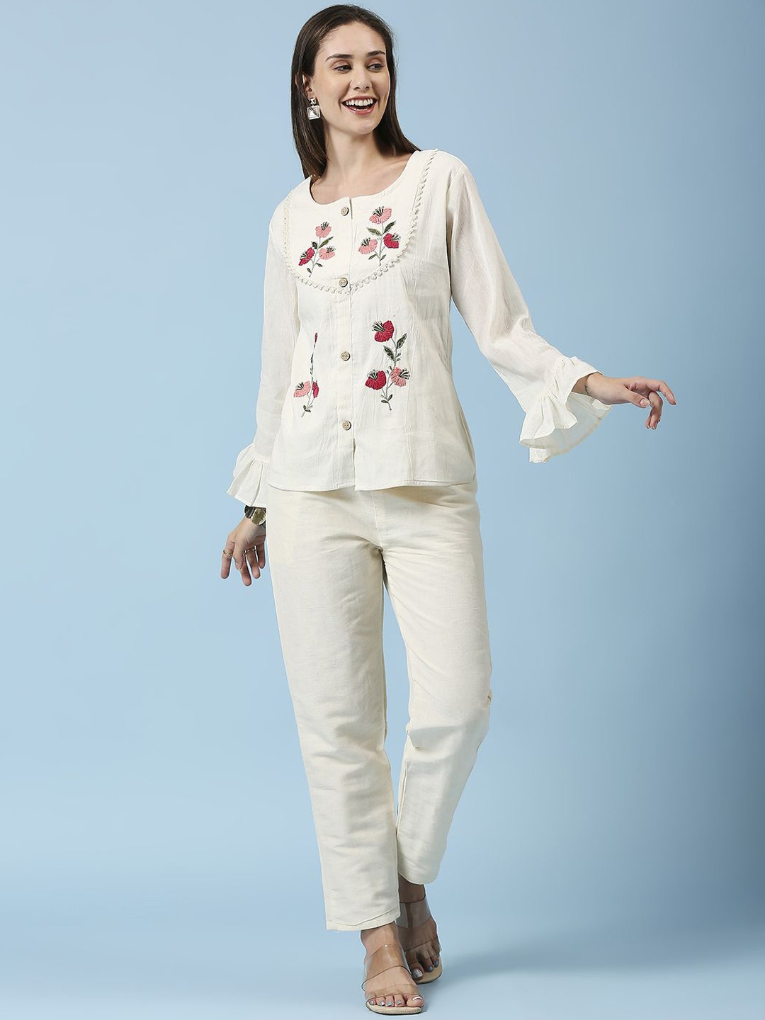 

GUFRINA Floral Embroidered Long Bell Sleeves Top & Trousers Pure Cotton Co-Ords, Cream