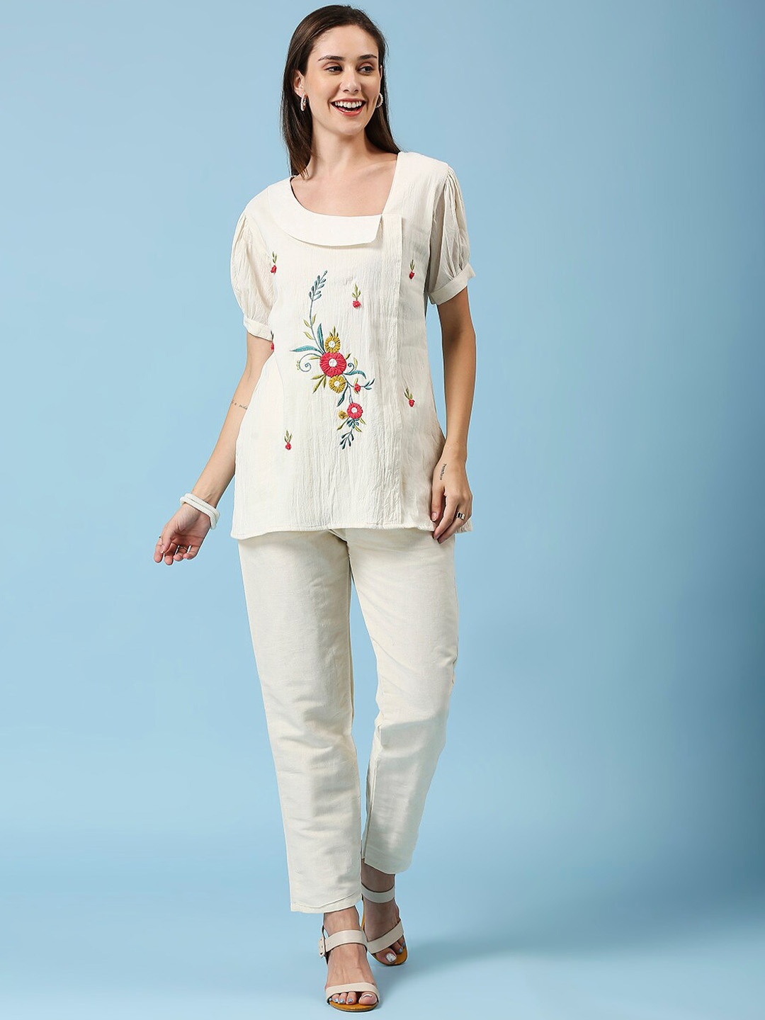 

GUFRINA Floral Embellished Puffed Sleeves Pure Cotton Top & Trouser, Cream