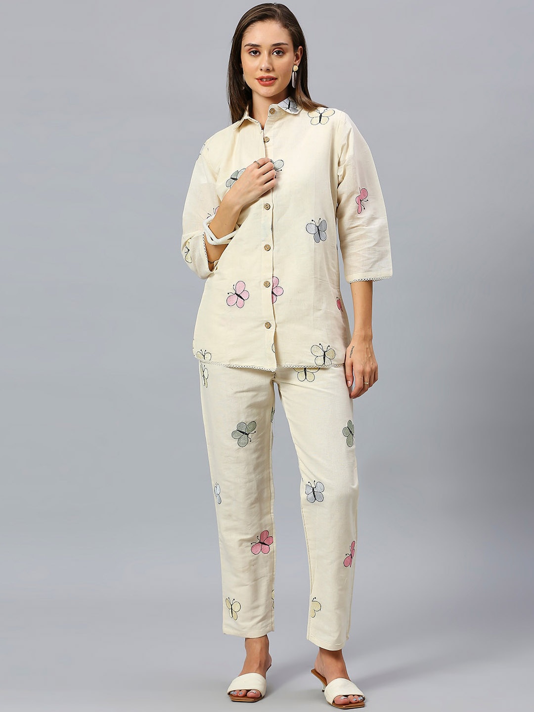 

GUFRINA Embroidered Shirt With Trousers Pure Cotton Co-Ords, Cream
