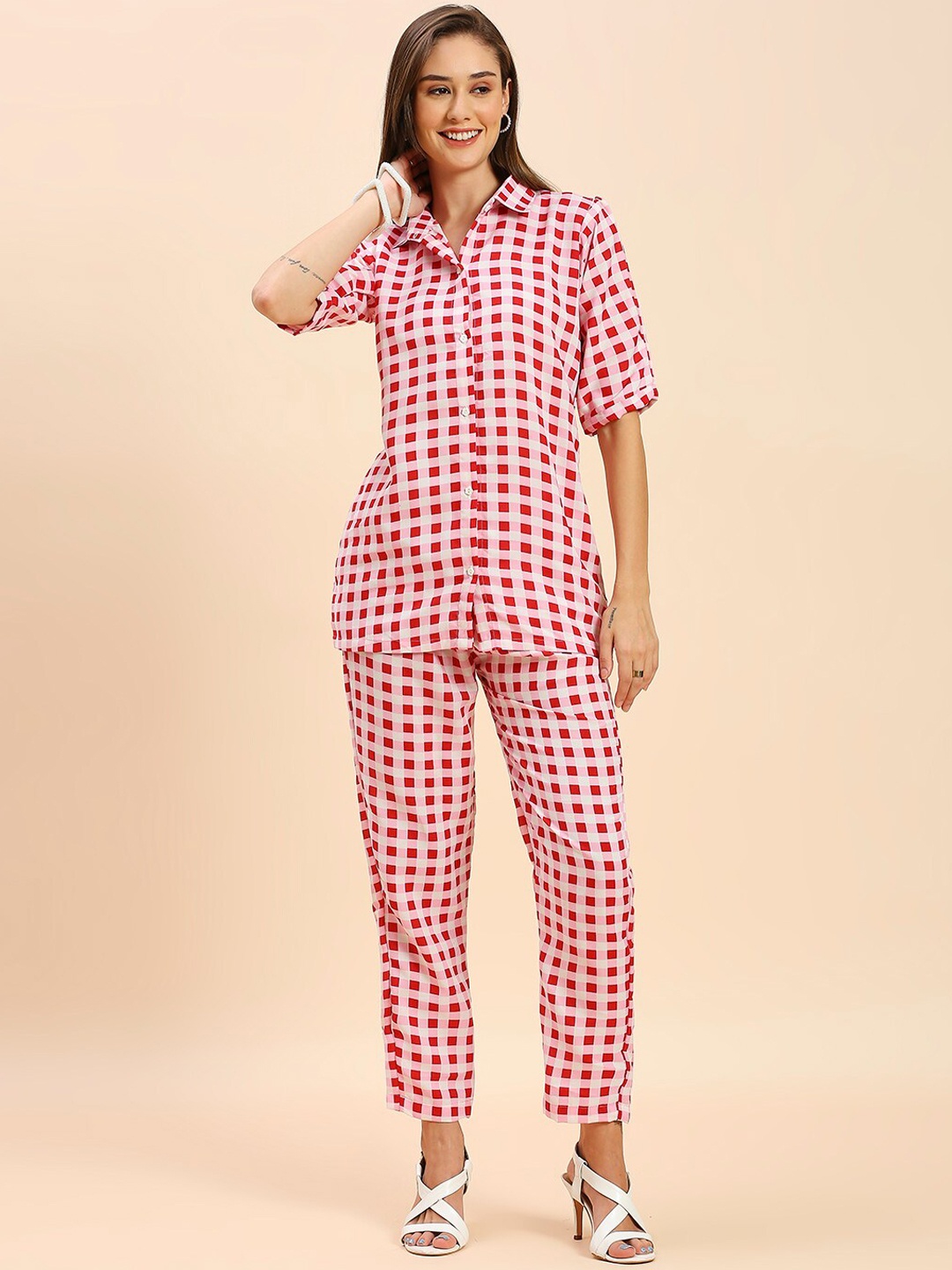 

GUFRINA Checked Puff Sleeves Cotton Blend Casual Shirt & Trousers, Red