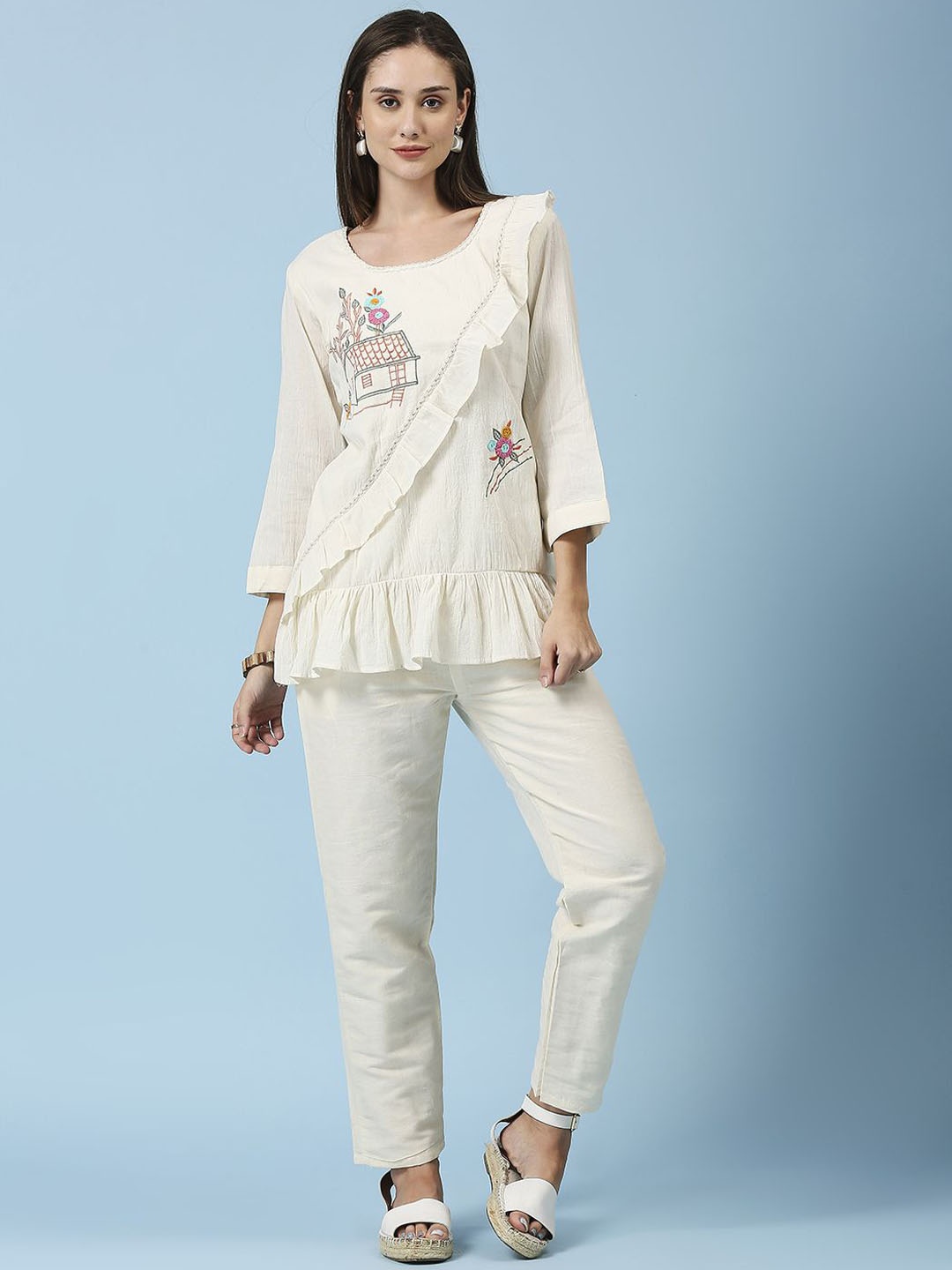 

GUFRINA Embroidered Round Neck Top & Trousers Pure Cotton Co-Ords, Cream