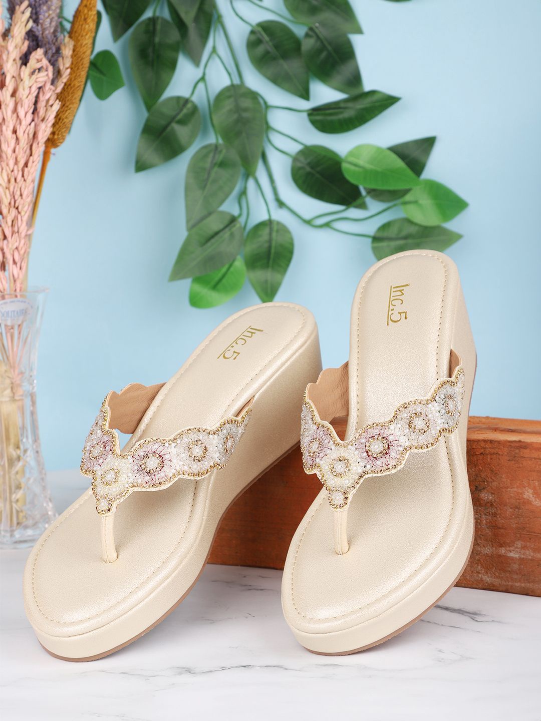 

Inc 5 Embellished Open Toe Wedge Heels, Gold