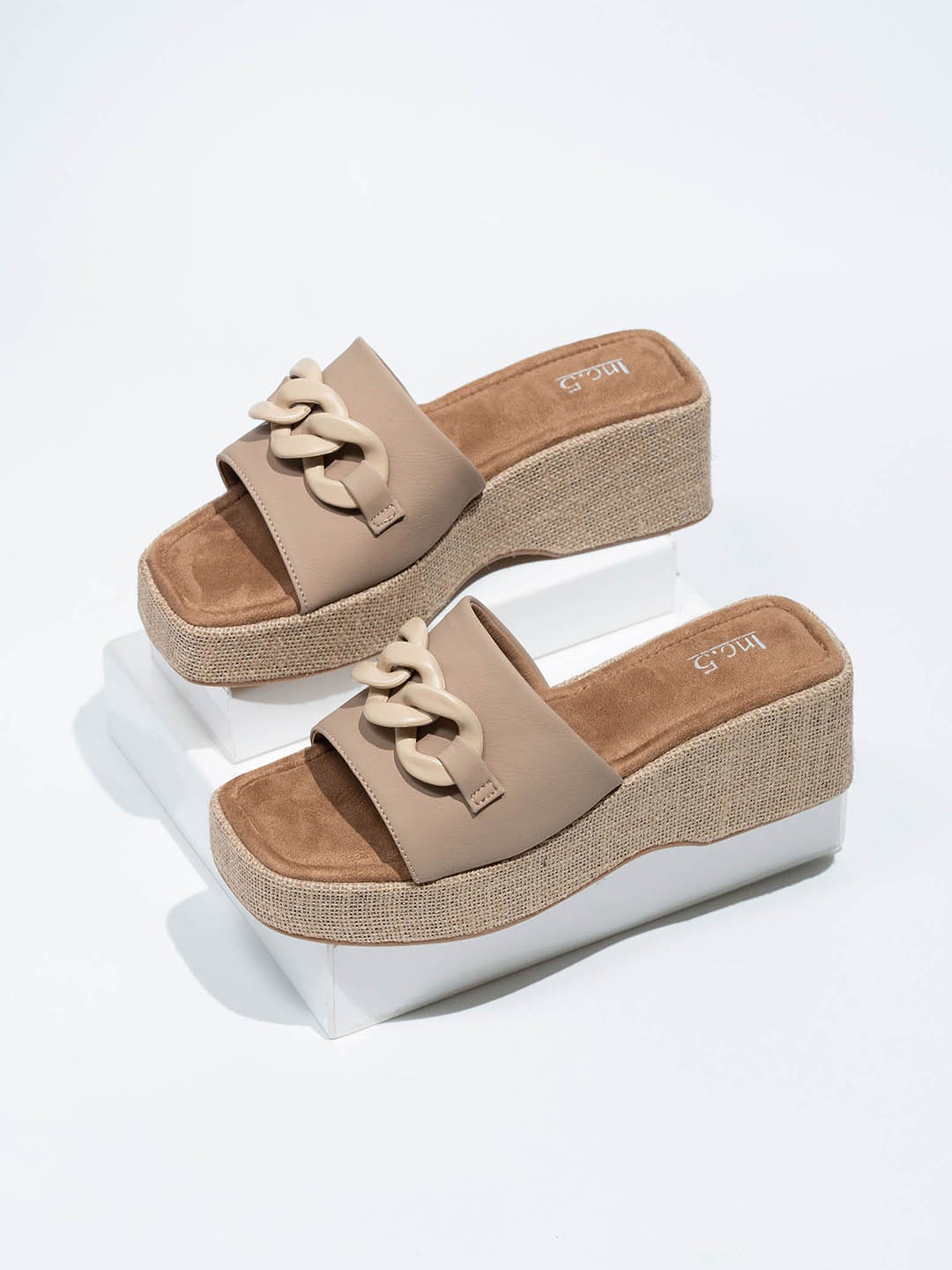 

Inc 5 Open Toe Buckle Detail Wedge Heels, Beige