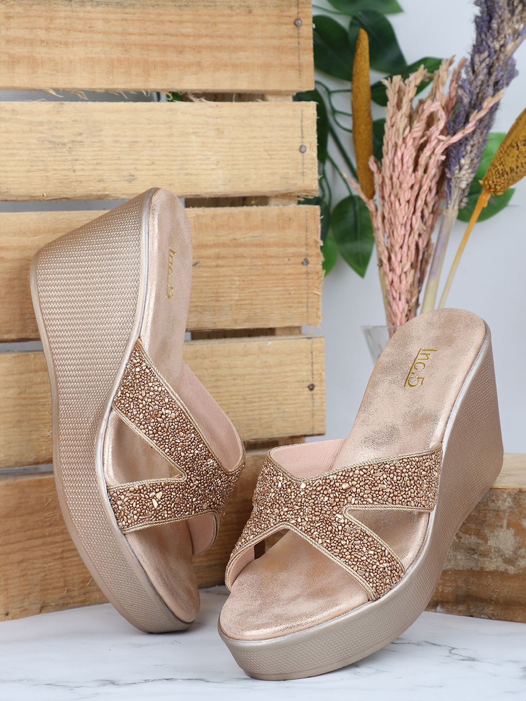 

Inc 5 Embellished Open Toe Wedge Heels, Rose gold