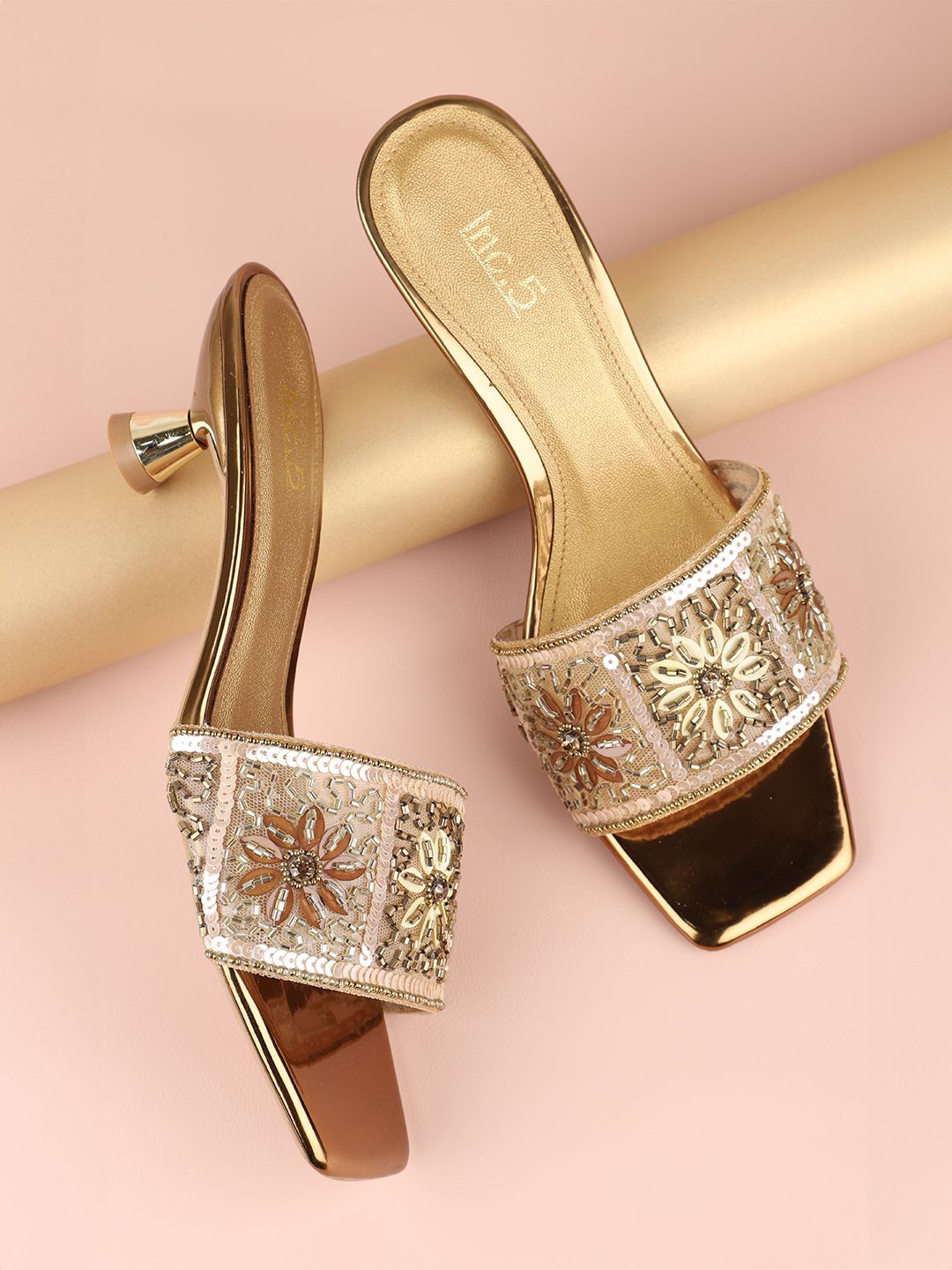 

Inc 5 Embellished Open Toe Kitten Heels, Gold