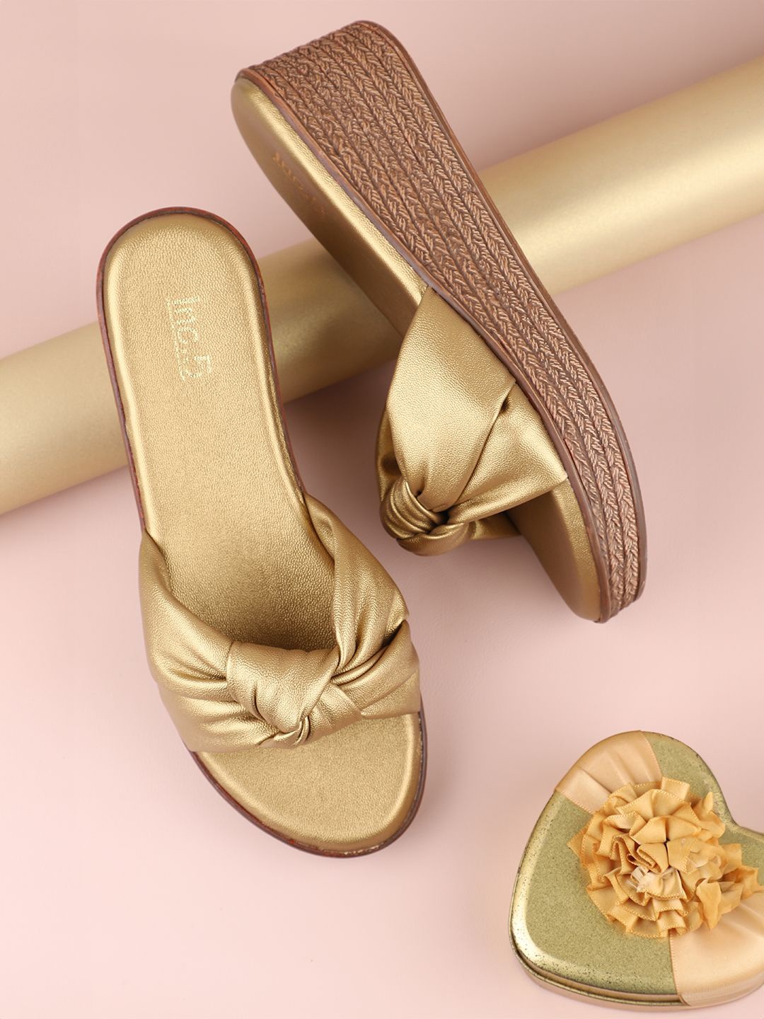 

Inc 5 Open Toe Knot Wedge Heels, Gold