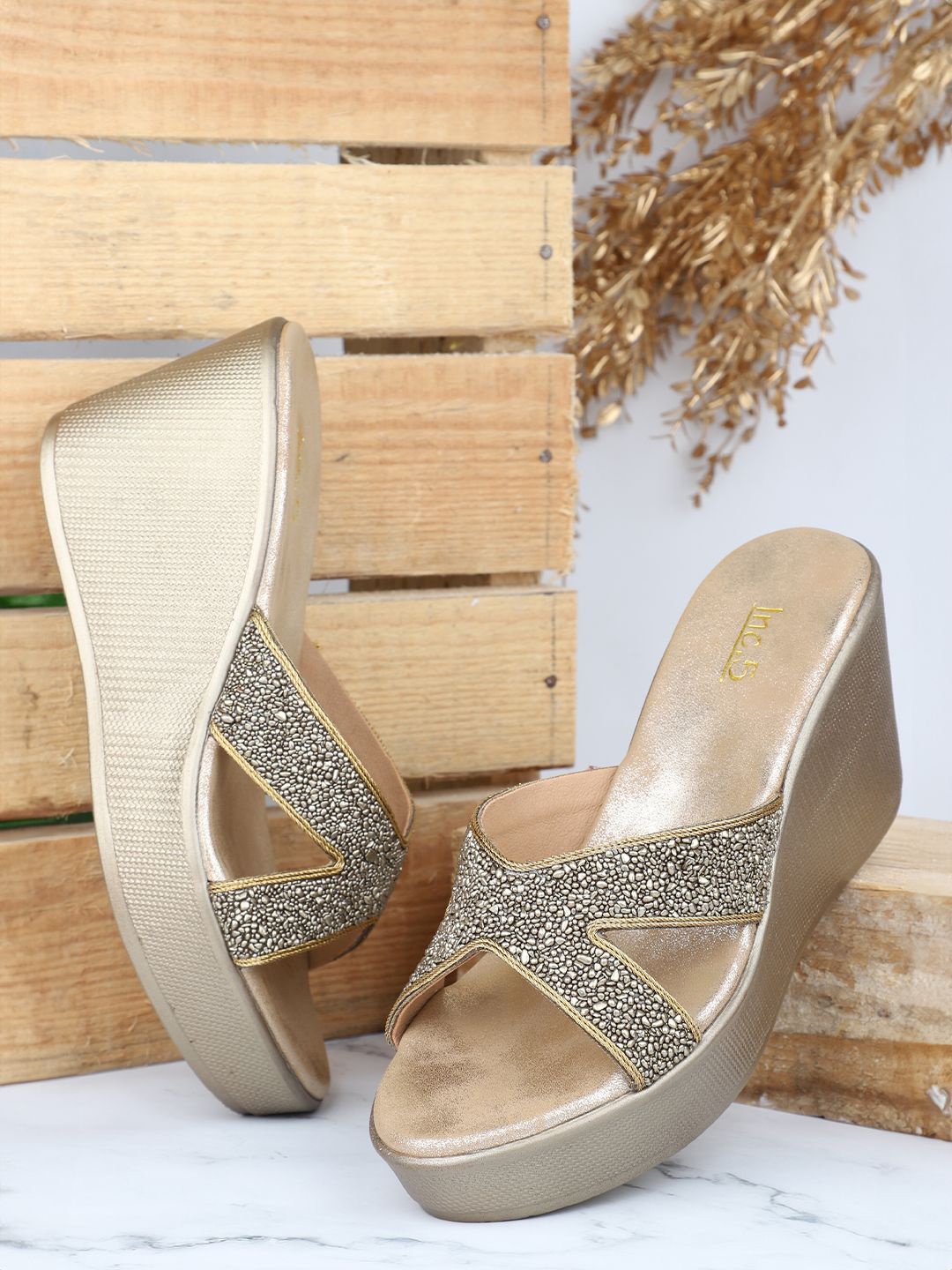 

Inc 5 Embellished Open Toe Wedge Heels, Gold