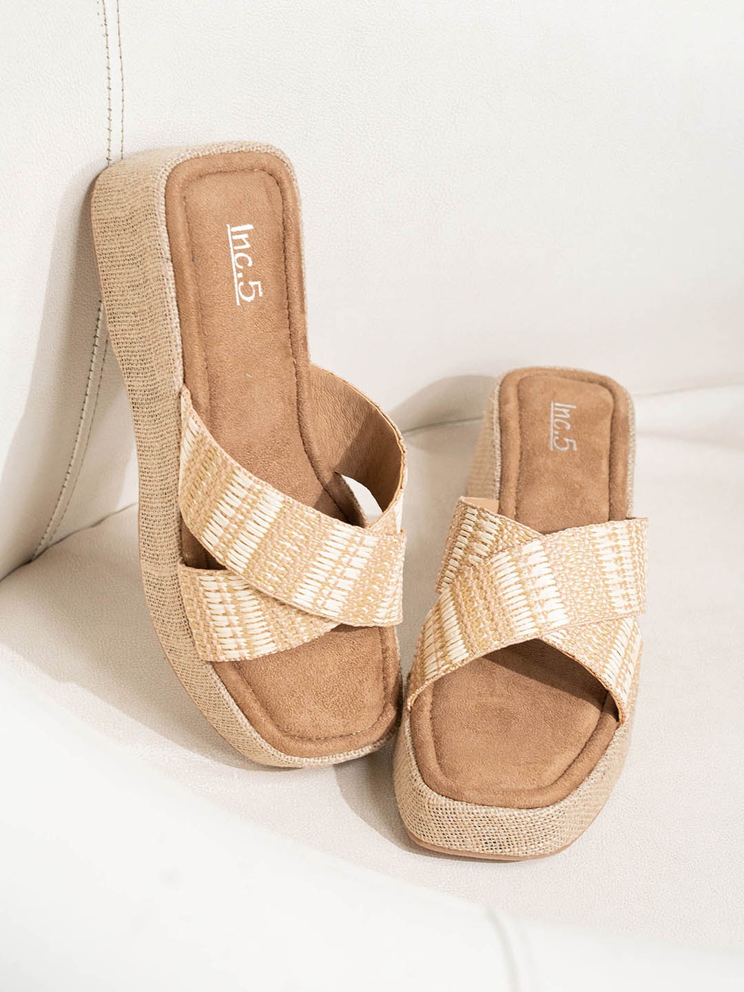 

Inc 5 Textured Open Toe Wedge Heels, Beige