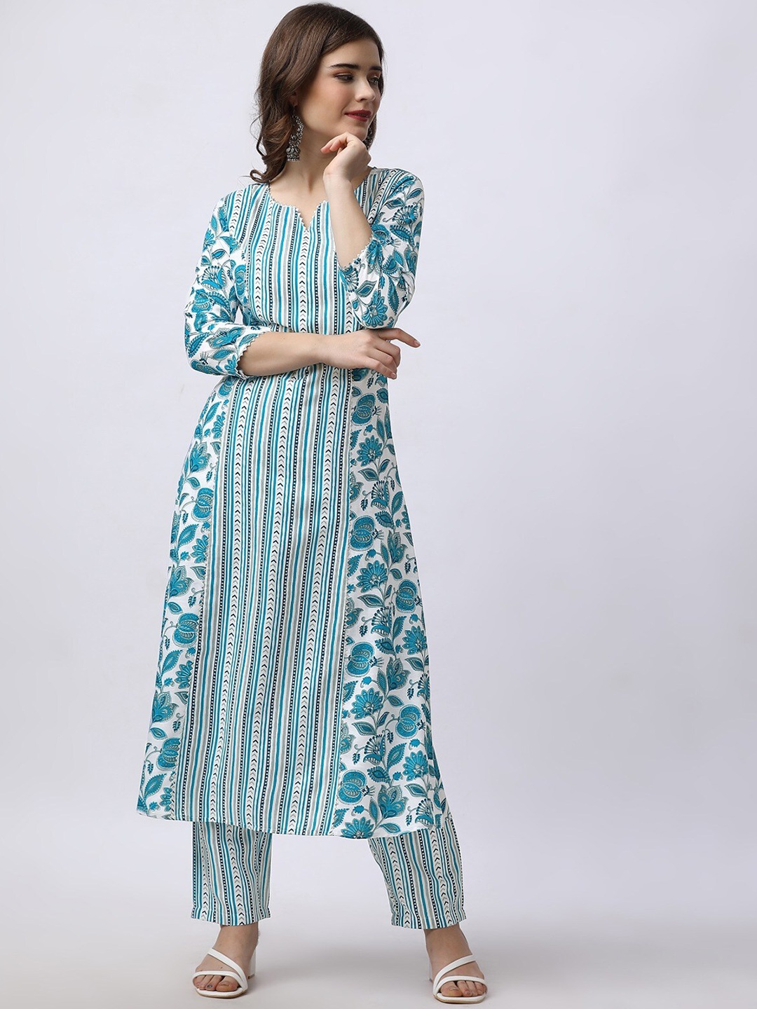 

FAB GALAXY Floral Printed Straight Three-Quarter Sleeves A-Line Kurta With Trouser, Turquoise blue