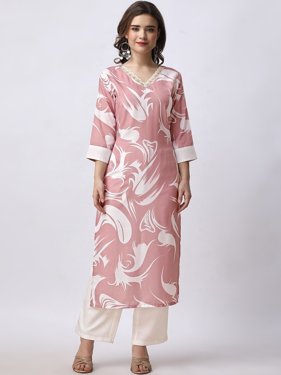 

FAB GALAXY Abstract Printed V-Neck Straight Kurta With Pyjama, Mauve