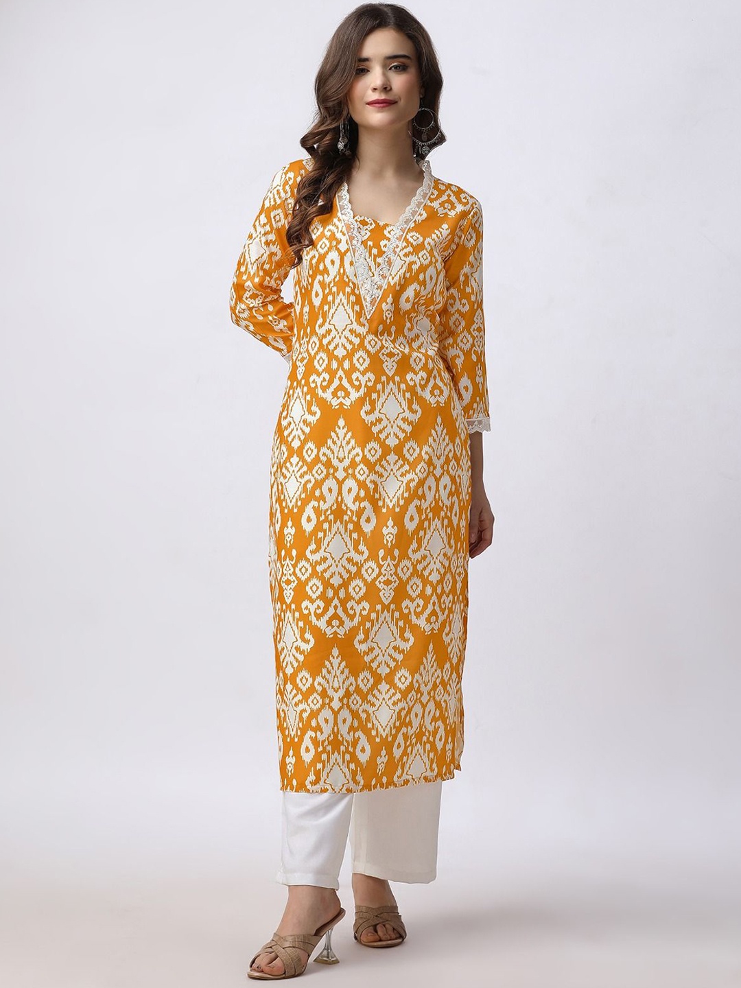 

FAB GALAXY Floral Printed V-Neck Three-Quarter Sleeves Straight Kurta With Palazzo, Yellow