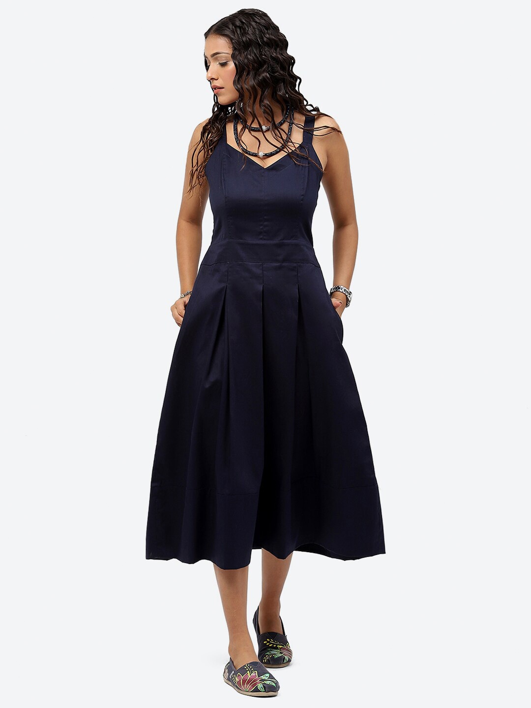 

Baawri V-Neck Flared Fit & Flare Midi Cotton Dress, Blue