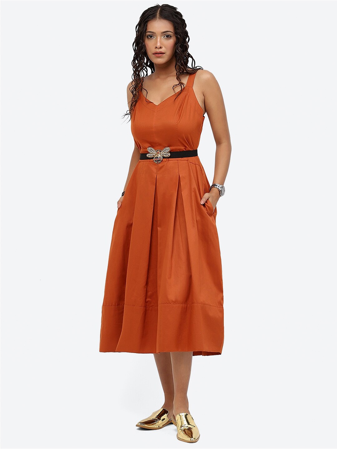 

Baawri V-Neck Sleeveless Flared Fit & Flare Midi Cotton Dress, Orange