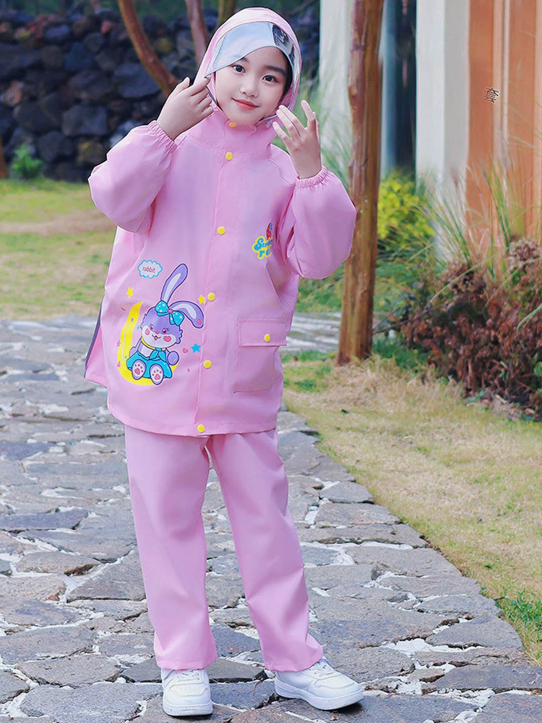 

Little Surprise Box LLP Kids Printed Hooded Rain Jacket With Trousers, Pink