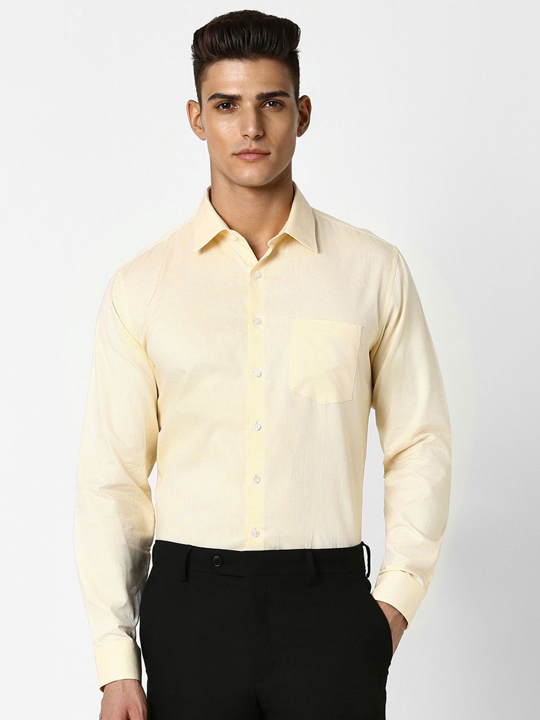 

Van Heusen Slim Fit Textured Printed Pure Cotton Spread Collar Formal Shirt, Yellow
