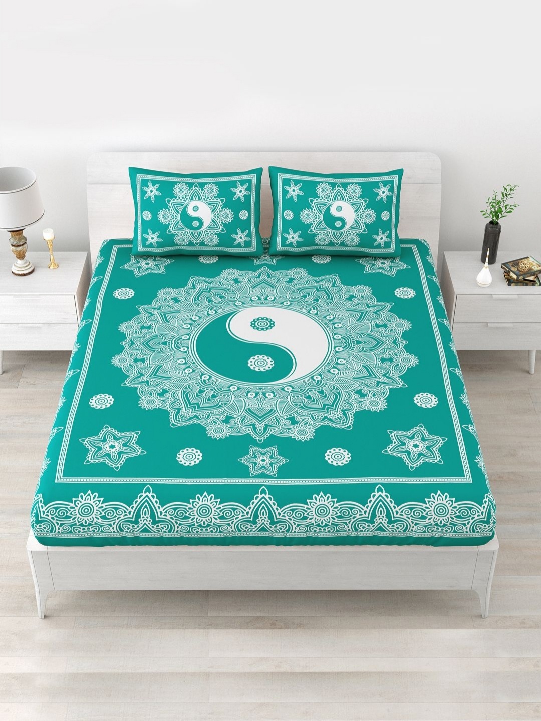 

Aapno Rajasthan Green Ethnic Motifs 120 TC Cotton Queen Bedsheet With 2 Pillow Covers