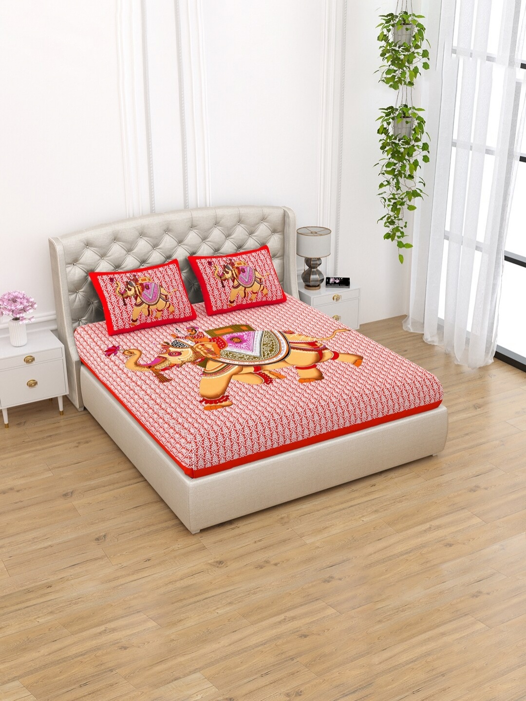 

Aapno Rajasthan Red Ethnic Motifs 120 TC Cotton Queen Bedsheet With 2 Pillow Covers