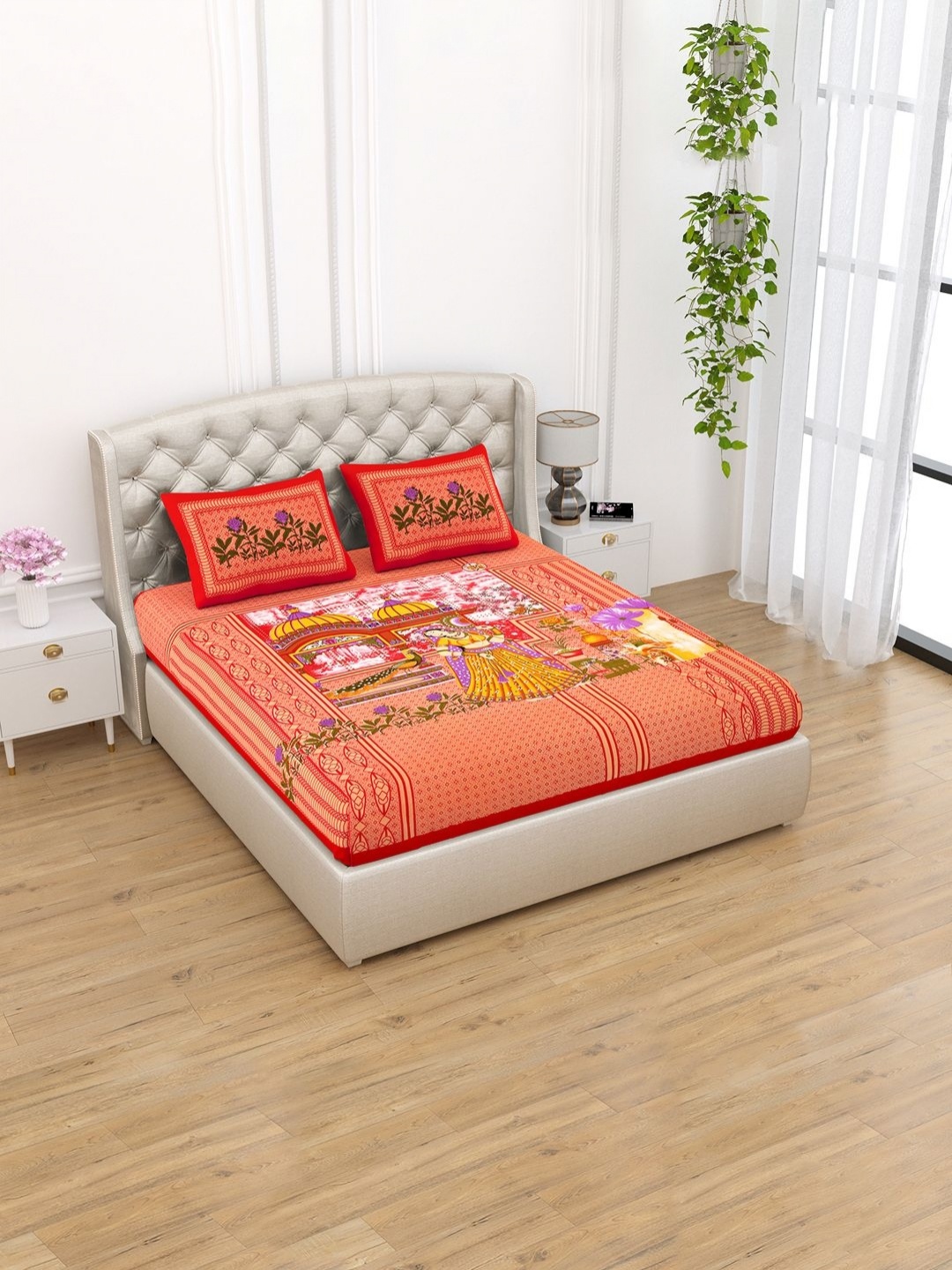 

Aapno Rajasthan Red Ethnic Motifs 120 TC Cotton Queen Bedsheet With 2 Pillow Covers