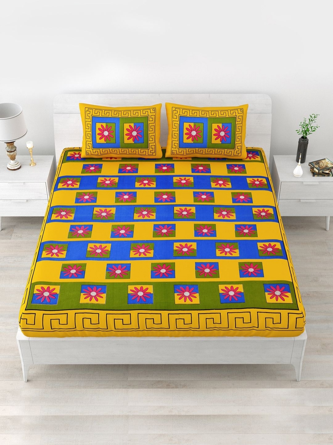 

Aapno Rajasthan Mustard & Blue Floral 120 TC Cotton Queen Bedsheet With 2 Pillow Covers