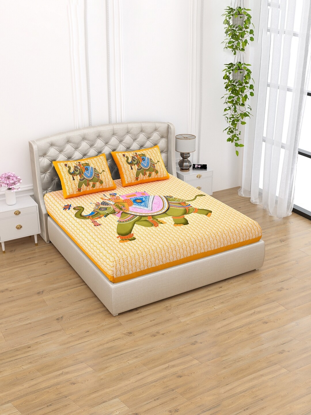 

Aapno Rajasthan Orange Ethnic Motifs 120 TC Cotton Queen Bedsheet With 2 Pillow Covers