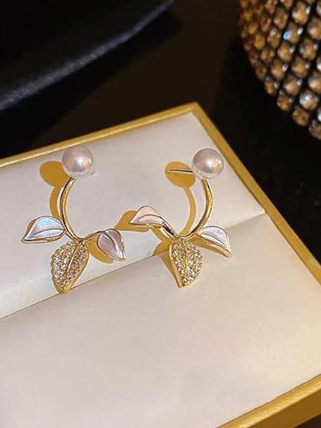 

Xivir Gold-Plated Cubic Zirconia Studded & Pearls Contemporary Drop Earrings