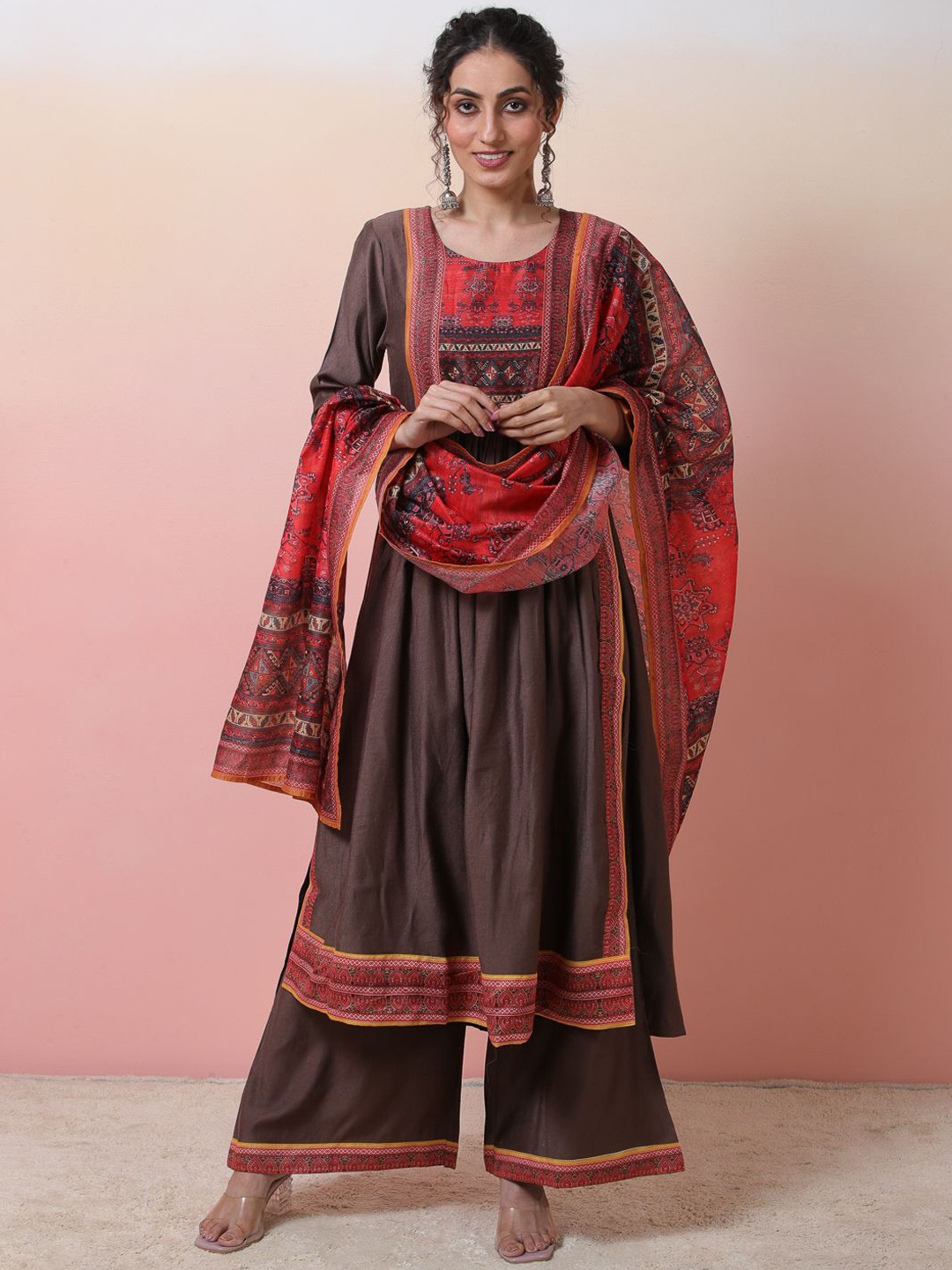 

Sangria Ethnic Motifs Printed Round Neck A-line Kurta With Palazzos & Dupatta, Brown