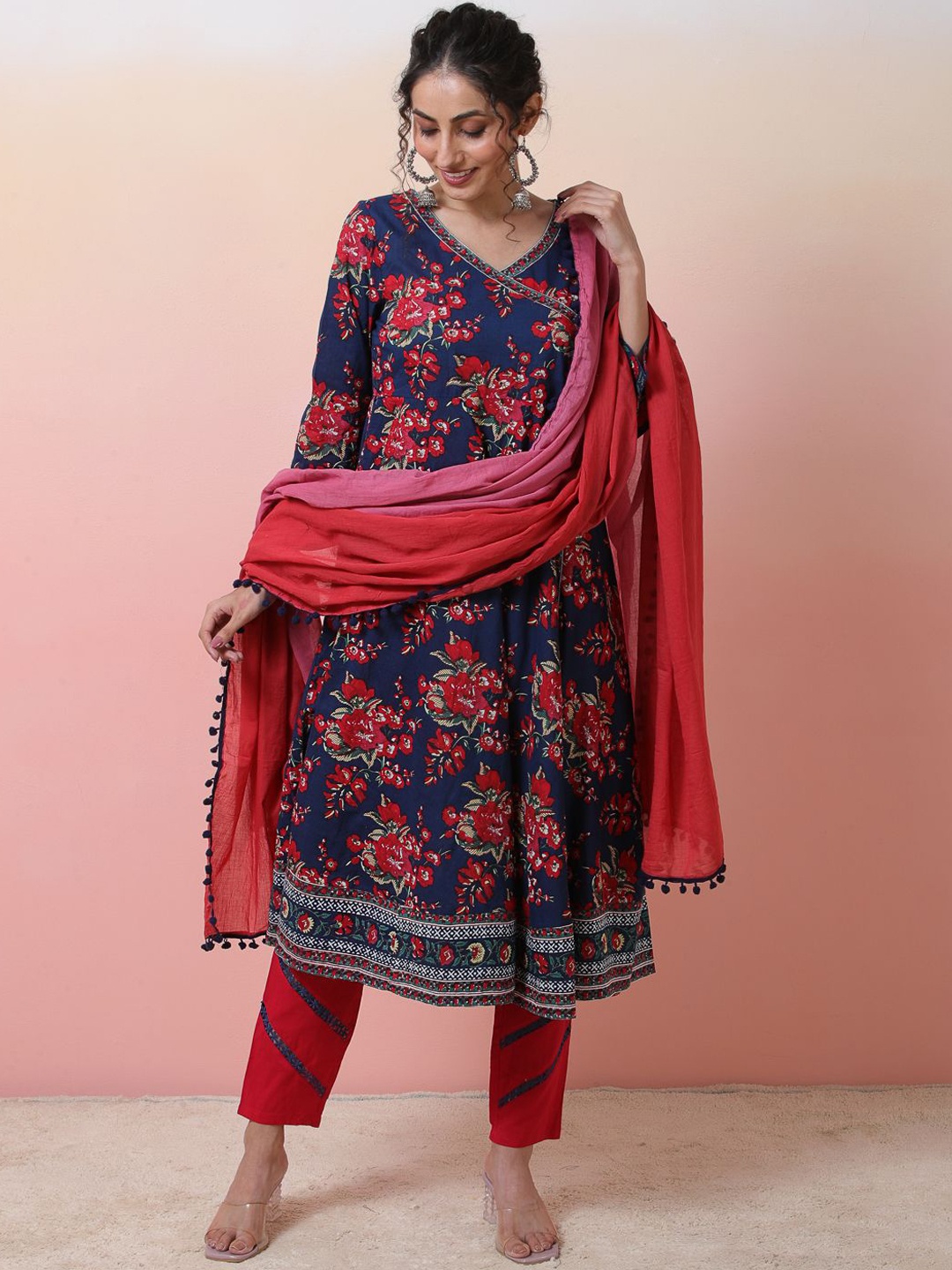 

Sangria Blue Printed Angrakha V-Neck Pure Cotton Anarkali Kurta With Trousers & Dupatta