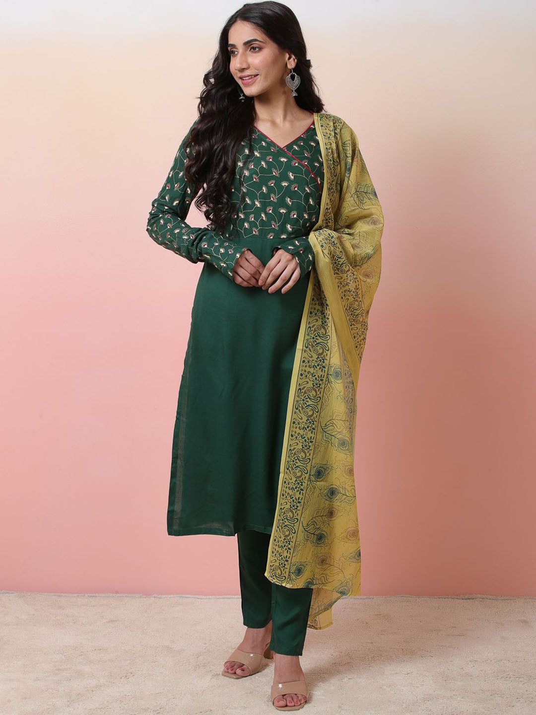 

Sangria Floral Printed Angrakha Straight Kurta With Trousers & Dupatta, Green