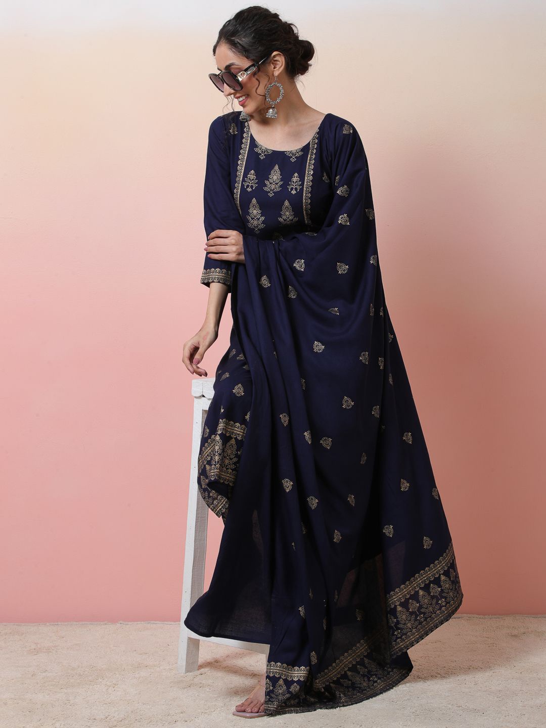 

Sangria Ethnic Motifs Printed Round Neck Kurta With Trousers & Dupatta, Blue