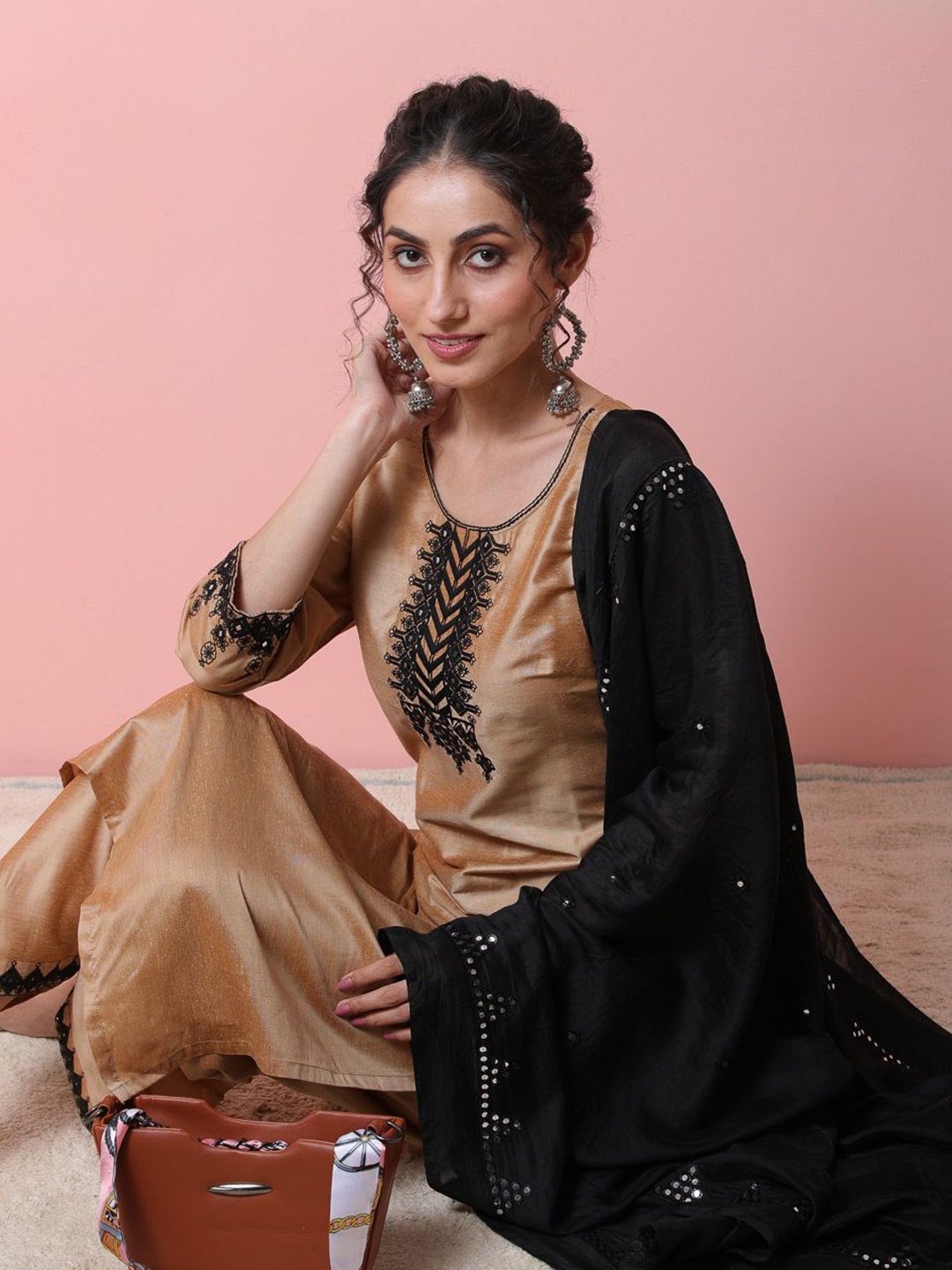 

Sangria Ethnic Motifs Embroidered Round Neck Straight Kurta With Palazzos & Dupatta, Beige