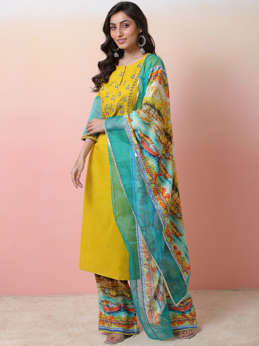 

Sangria Yellow Floral Yoke Design Gotta Patti Straight Kurta With Palazzos & Dupatta