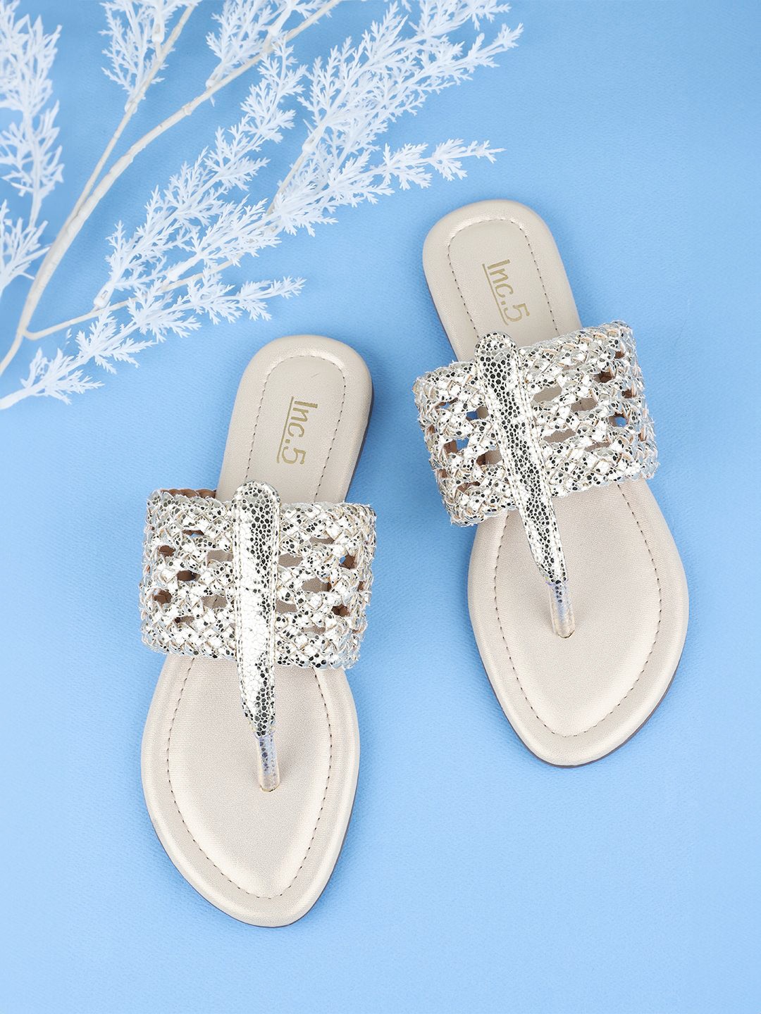 

Inc 5 Embellished Textured T-Strap Flats, Gold