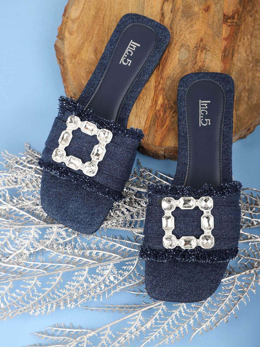 

Inc 5 Embellished Open Toe Flats, Navy blue