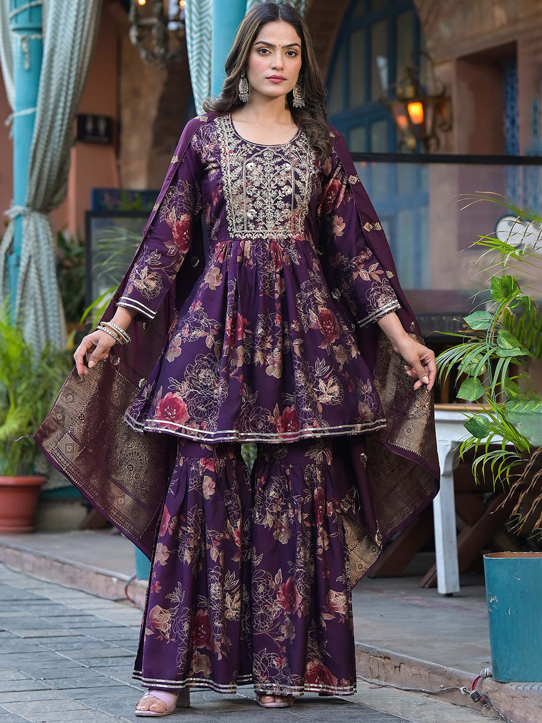 

Peachmode Floral Embroidered Thread Work Chanderi Silk Kurti with Sharara & Dupatta, Purple