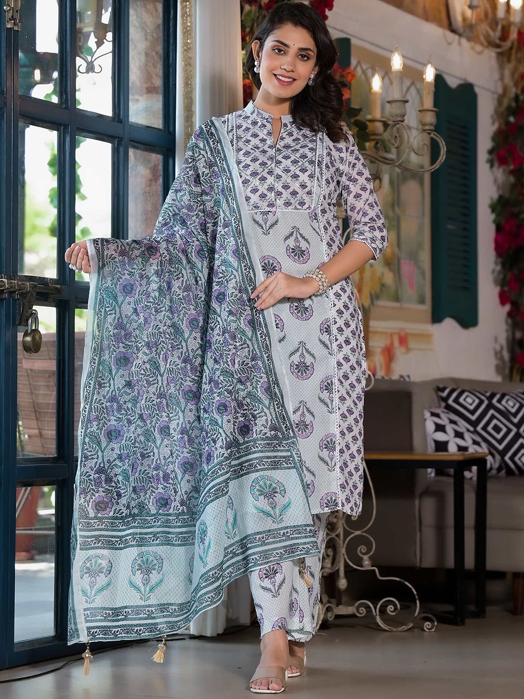 

Peachmode Floral Printed Regular Gotta Patti Pure Cotton Kurta with Trousers & Dupatta, White