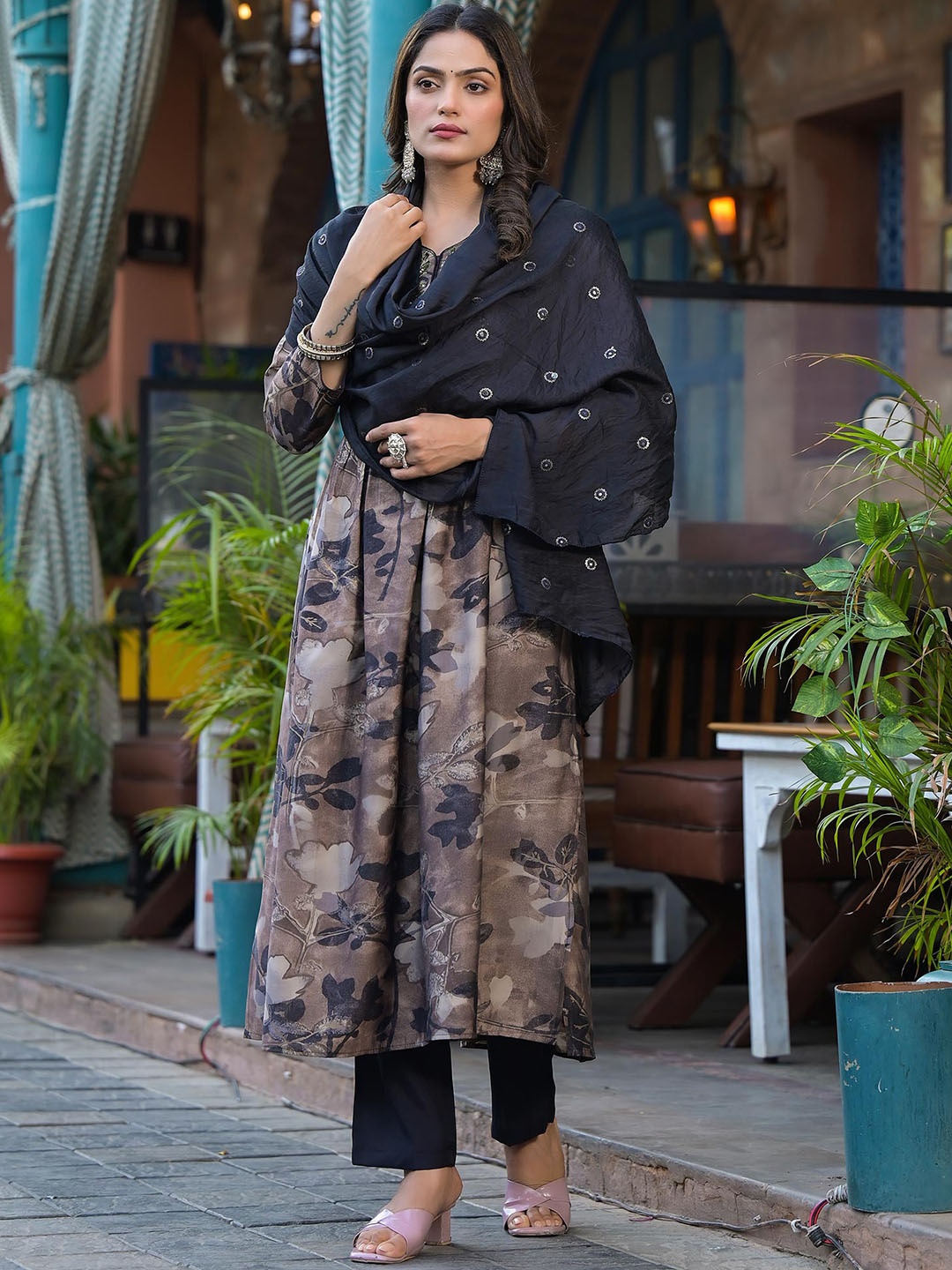 

Peachmode Floral Printed Empire Thread Work Chanderi Silk Kurta with Trousers & Dupatta, Beige