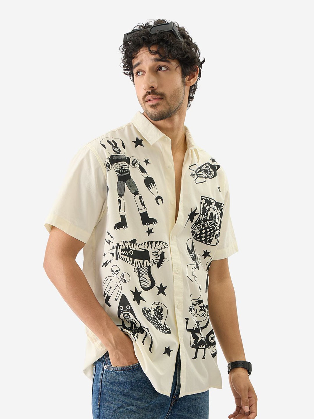 

The Souled Store Spread Collar Short Sleeves Graphic Printed Oversized Cotton Casual Shirt, Cream