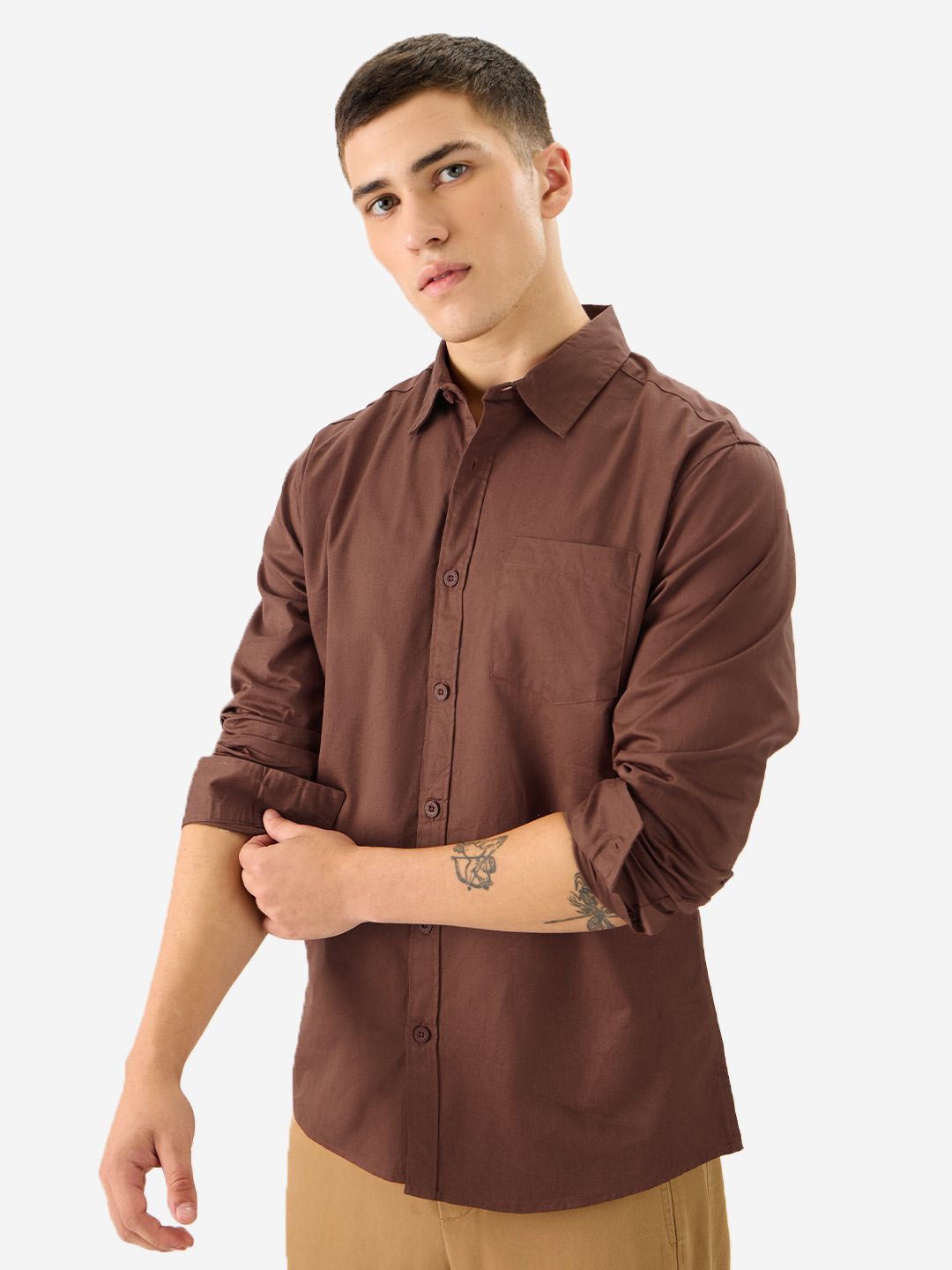 

The Souled Store Spread Collar Long Sleeves Regular Fit Cotton Casual Shirt, Brown