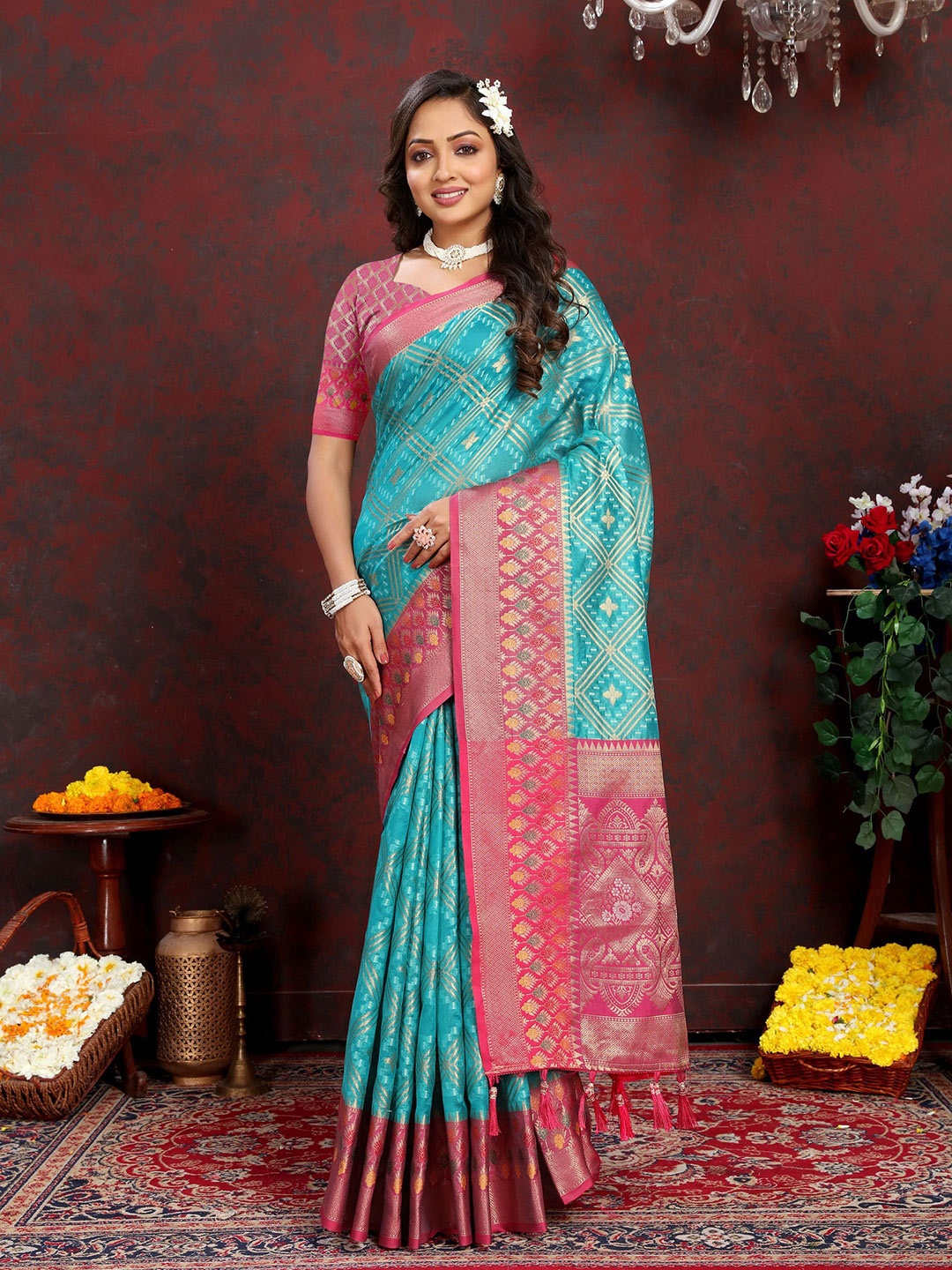 

KALINI Woven Design Zari Organza Banarasi Saree, Blue