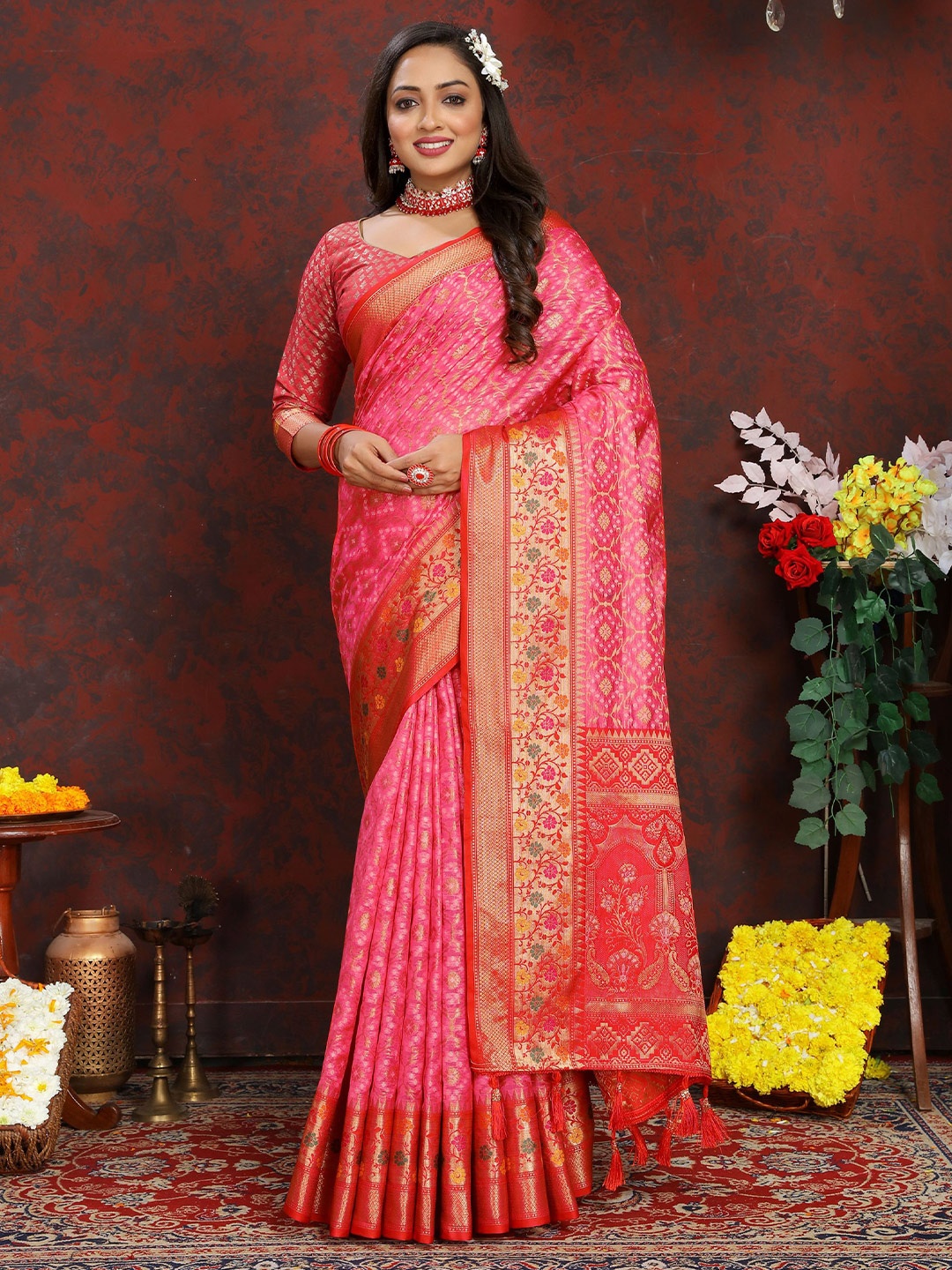 

KALINI Ethnic Motifs Zari Organza Banarasi Saree, Pink