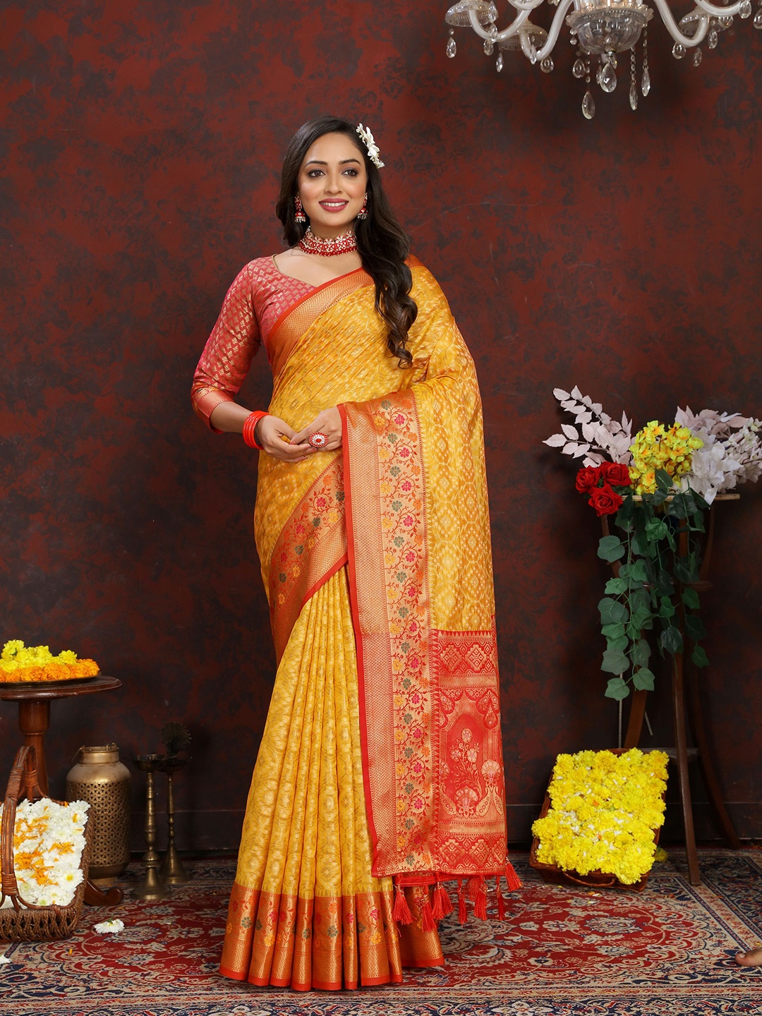 

KALINI Ethnic Motifs Zari Organza Banarasi Saree, Yellow