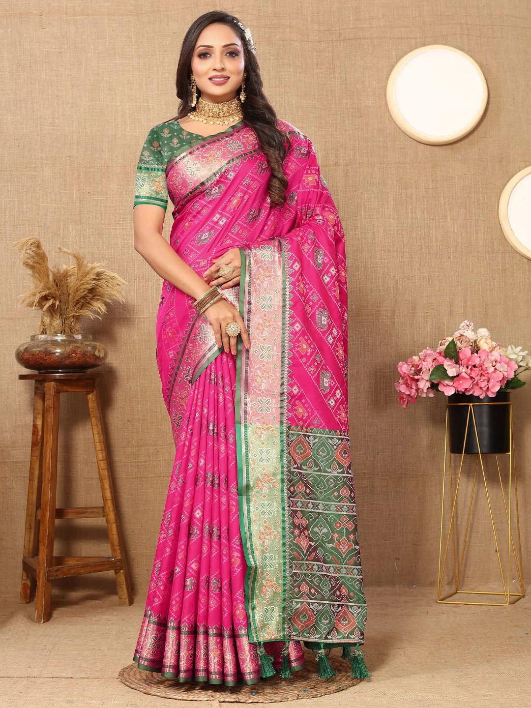 

KALINI Ethnic Motifs Zari Pure Silk Patola Saree, Pink