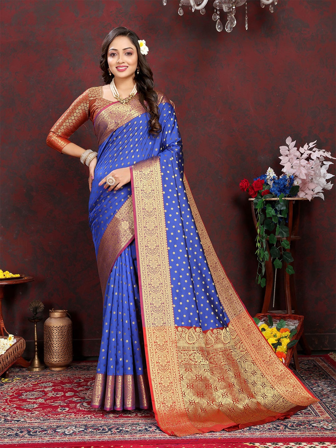 

KALINI Ethnic Motifs Zari Banarasi Saree, Blue