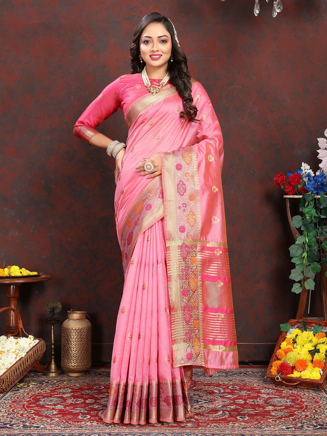 

KALINI Ethnic Motifs Zari Organza Banarasi Saree, Pink
