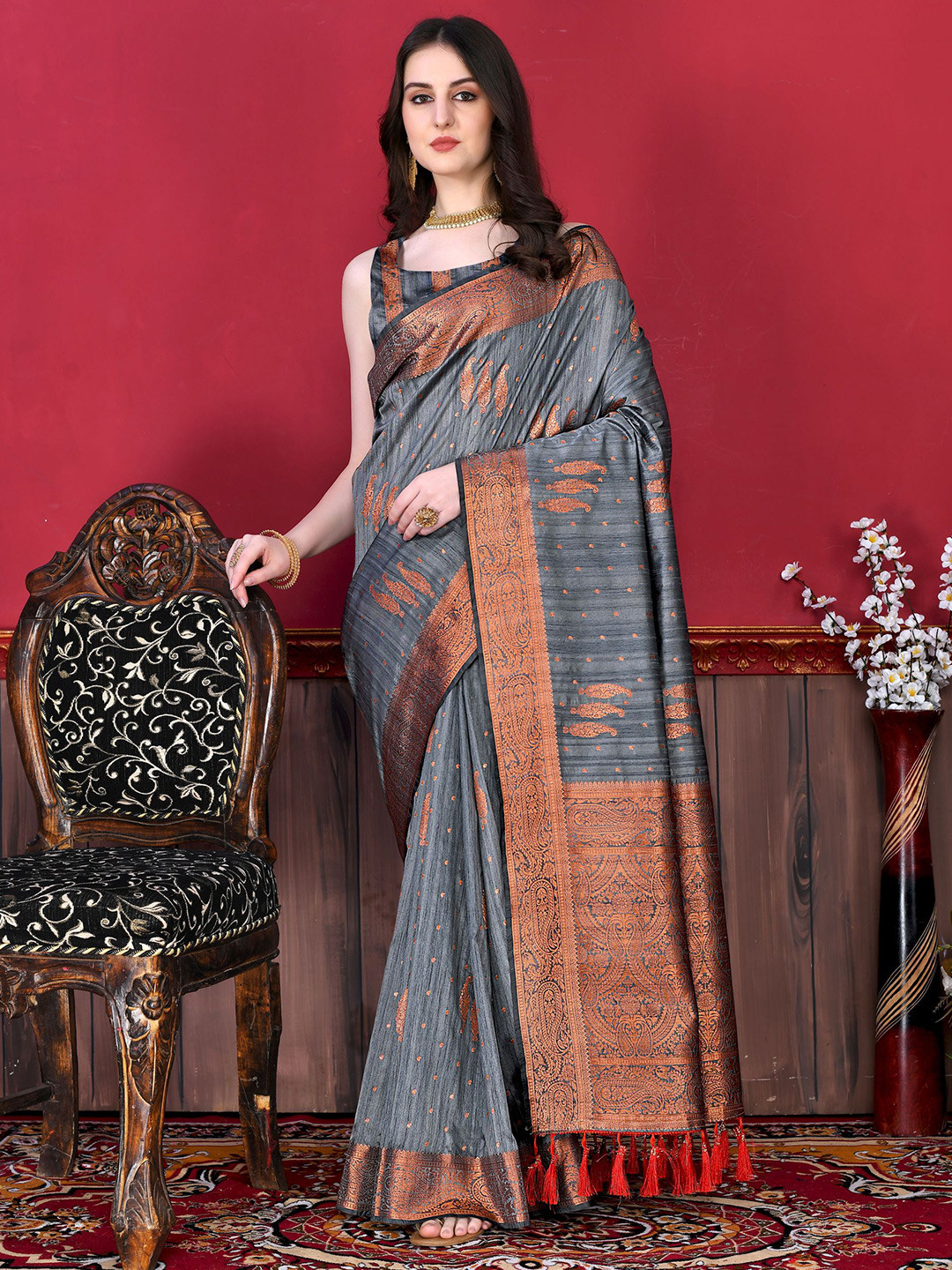 

KALINI Ethnic Motifs Zari Pure Silk Banarasi Saree, Grey