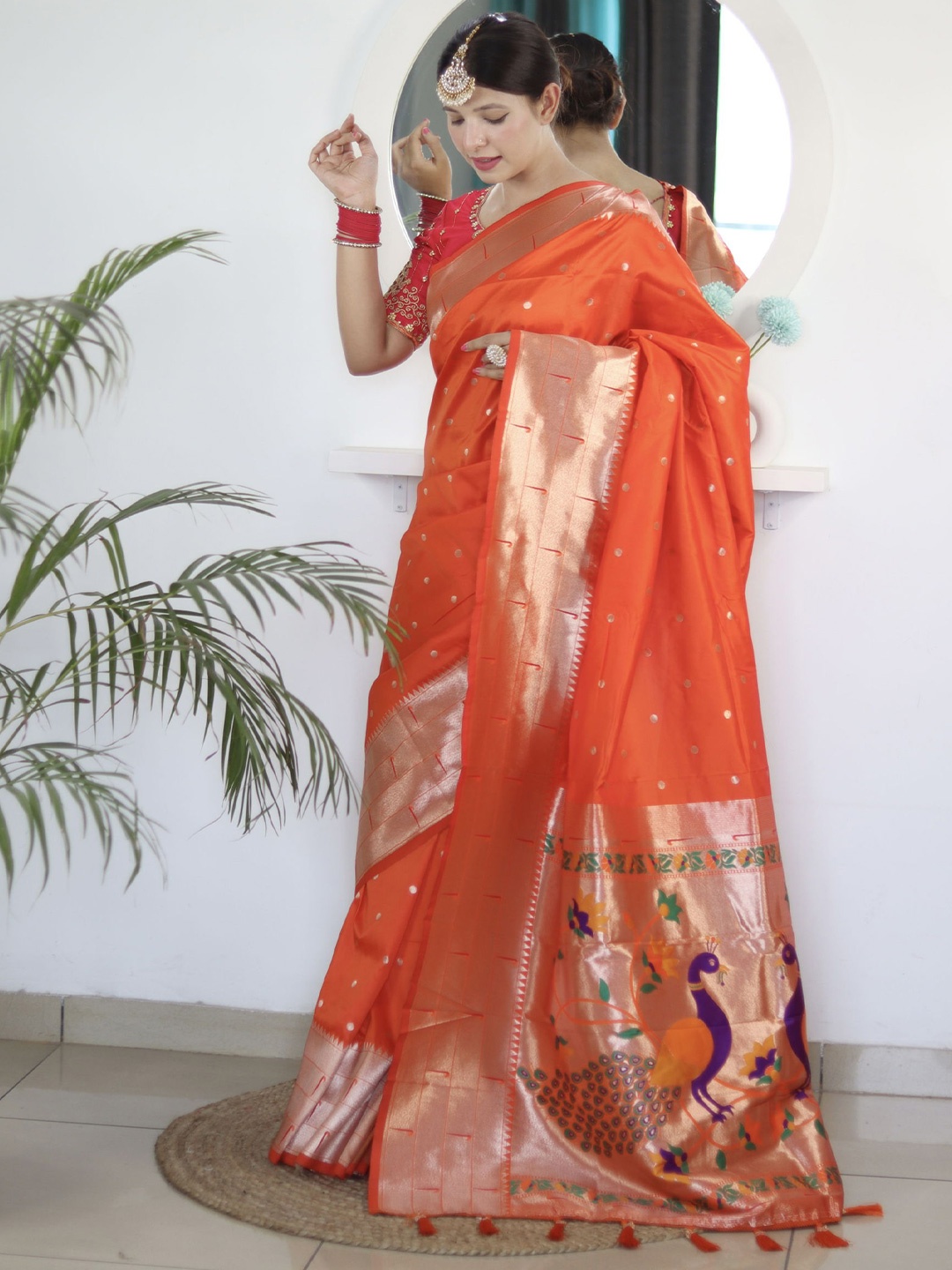 

KALINI Ethnic Motifs Zari Pure Silk Paithani Saree, Orange