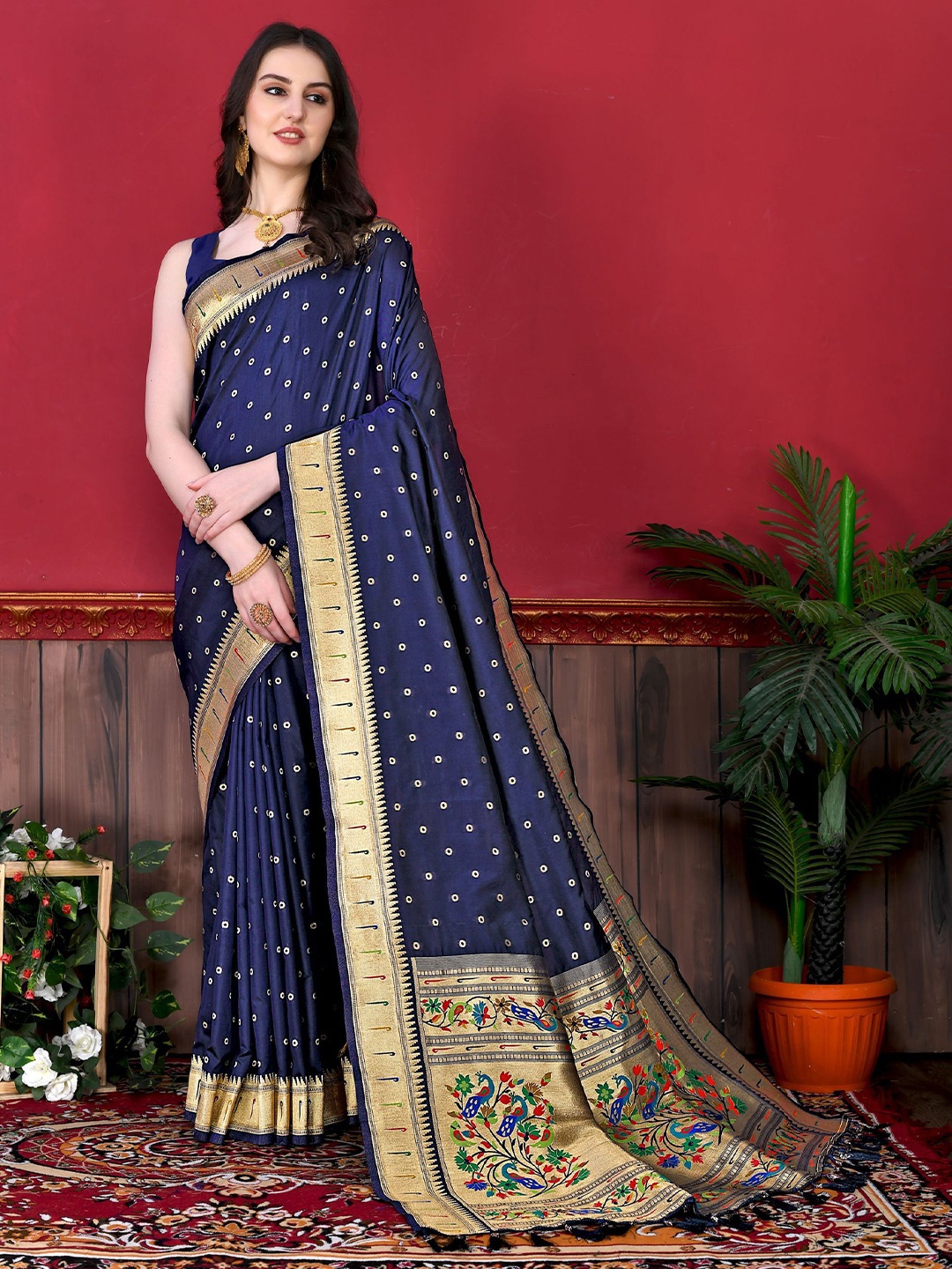 

KALINI Ethnic Motifs Zari Pure Silk Paithani Saree, Navy blue
