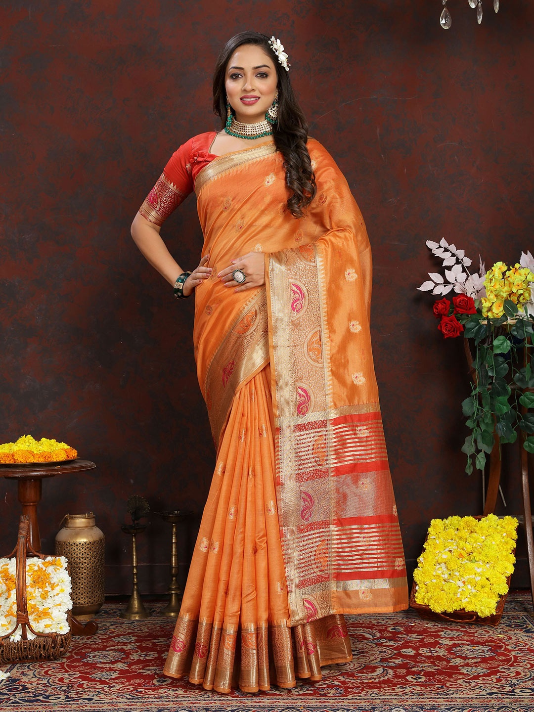 

KALINI Ethnic Motifs Zari Organza Banarasi Saree, Orange