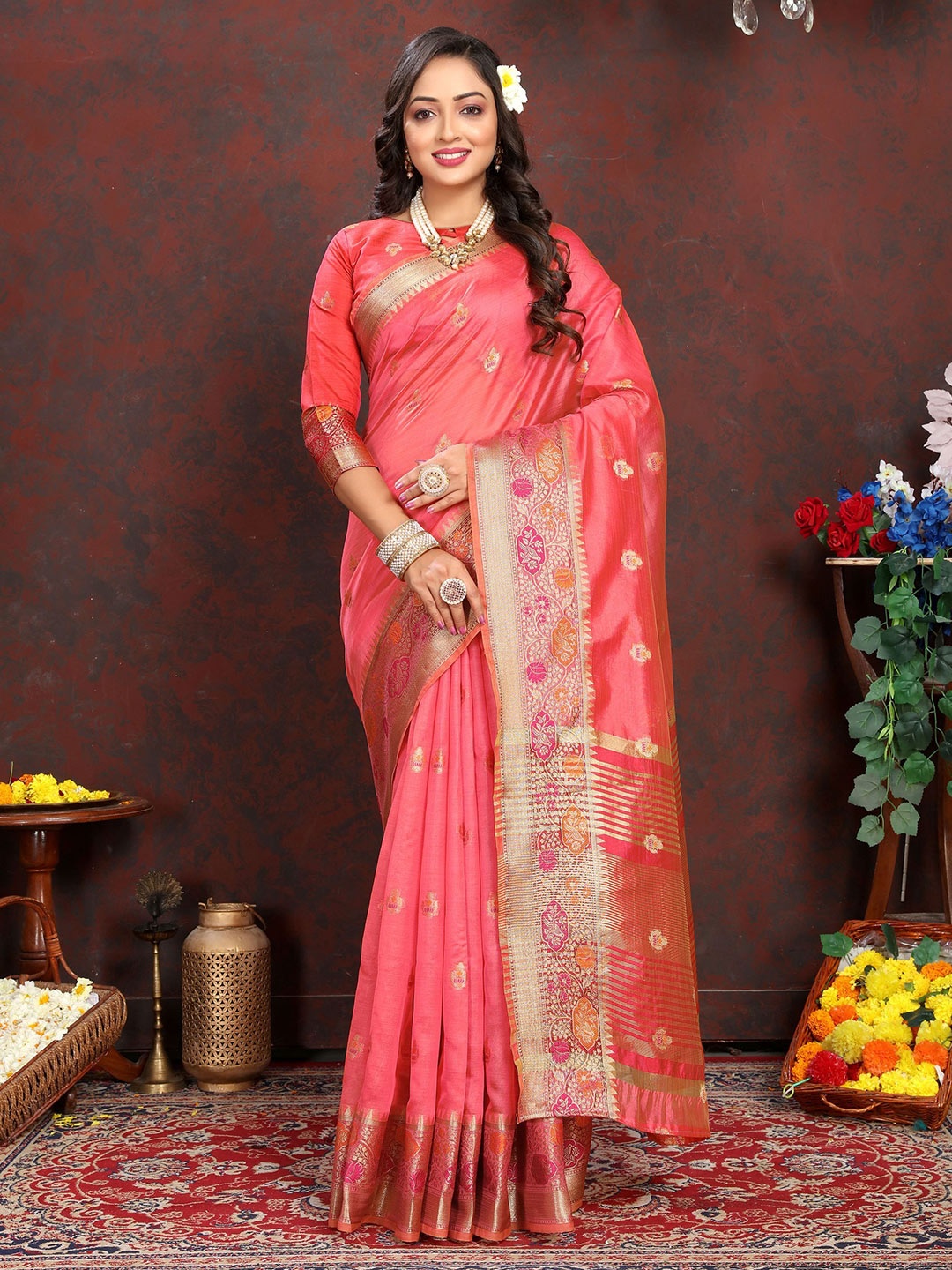 

KALINI Ethnic Motifs Zari Organza Banarasi Saree, Peach